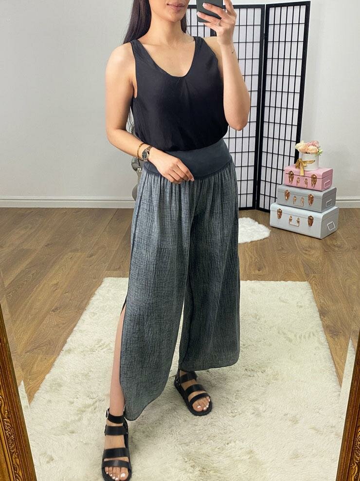 Jetter Cheesecloth Wide Leg Split Trousers