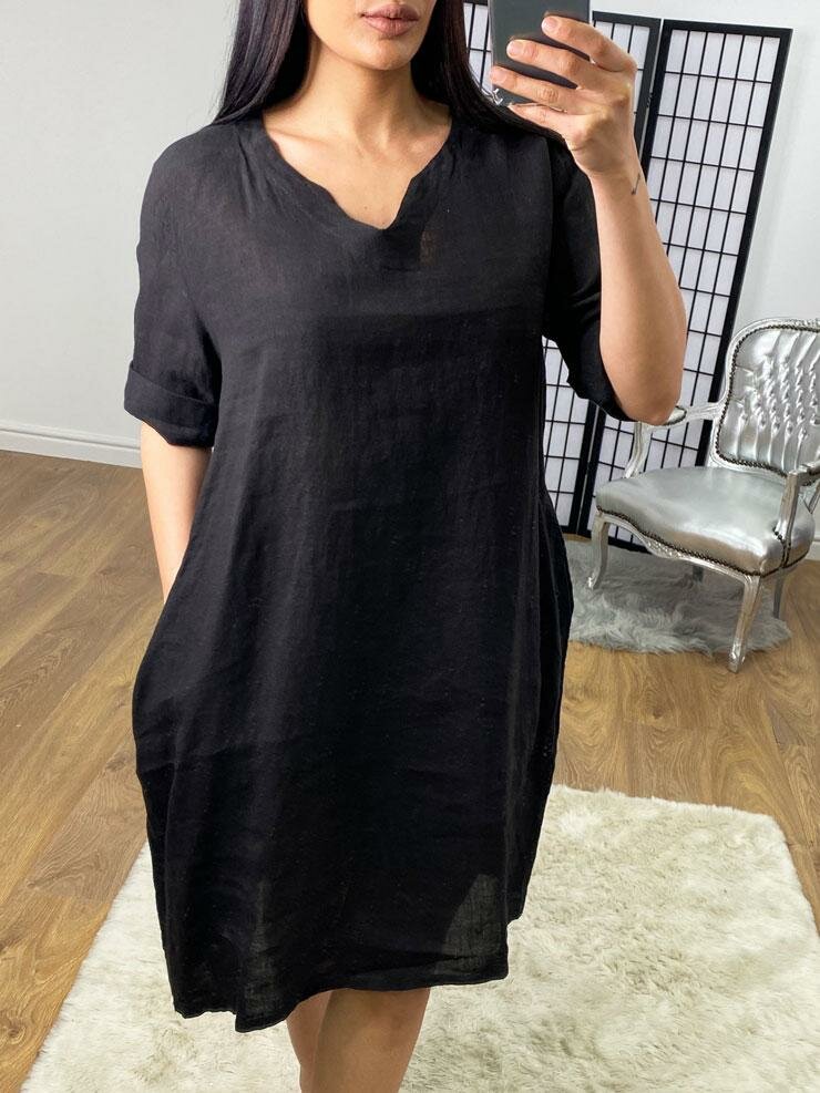 Dalina Plain Linen V-neck Loose Fit Dress