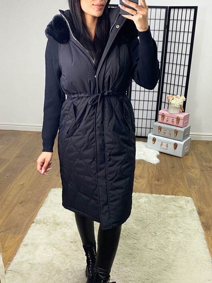 Sadey Black Quilted Faux Fur Tie Waist Hooded Gilet