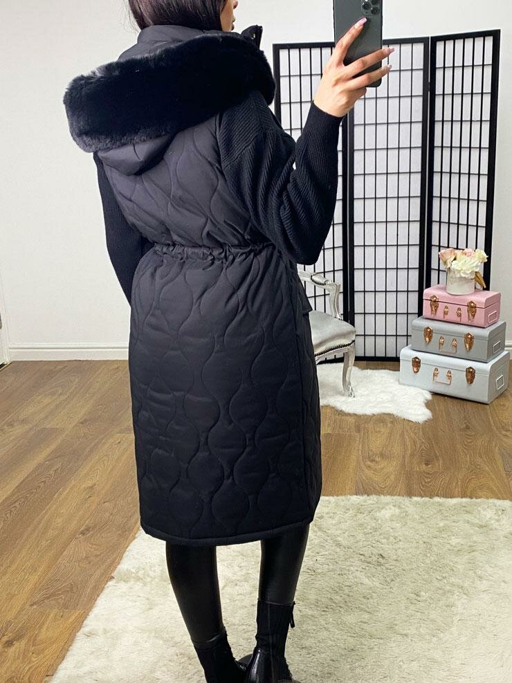 Sadey Black Quilted Faux Fur Tie Waist Hooded Gilet