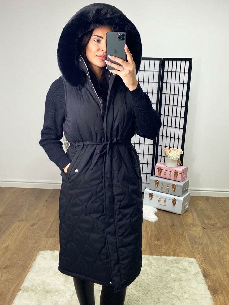 Sadey Black Quilted Faux Fur Tie Waist Hooded Gilet