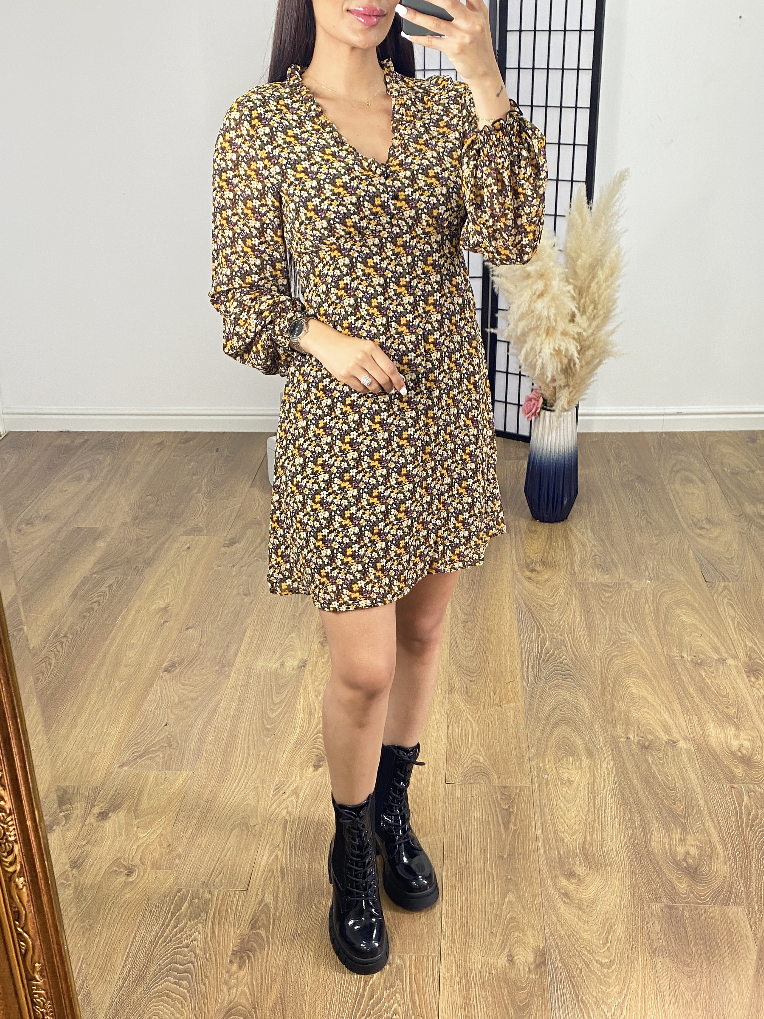 Ebony Mustard Ditsy Floral Print Dress