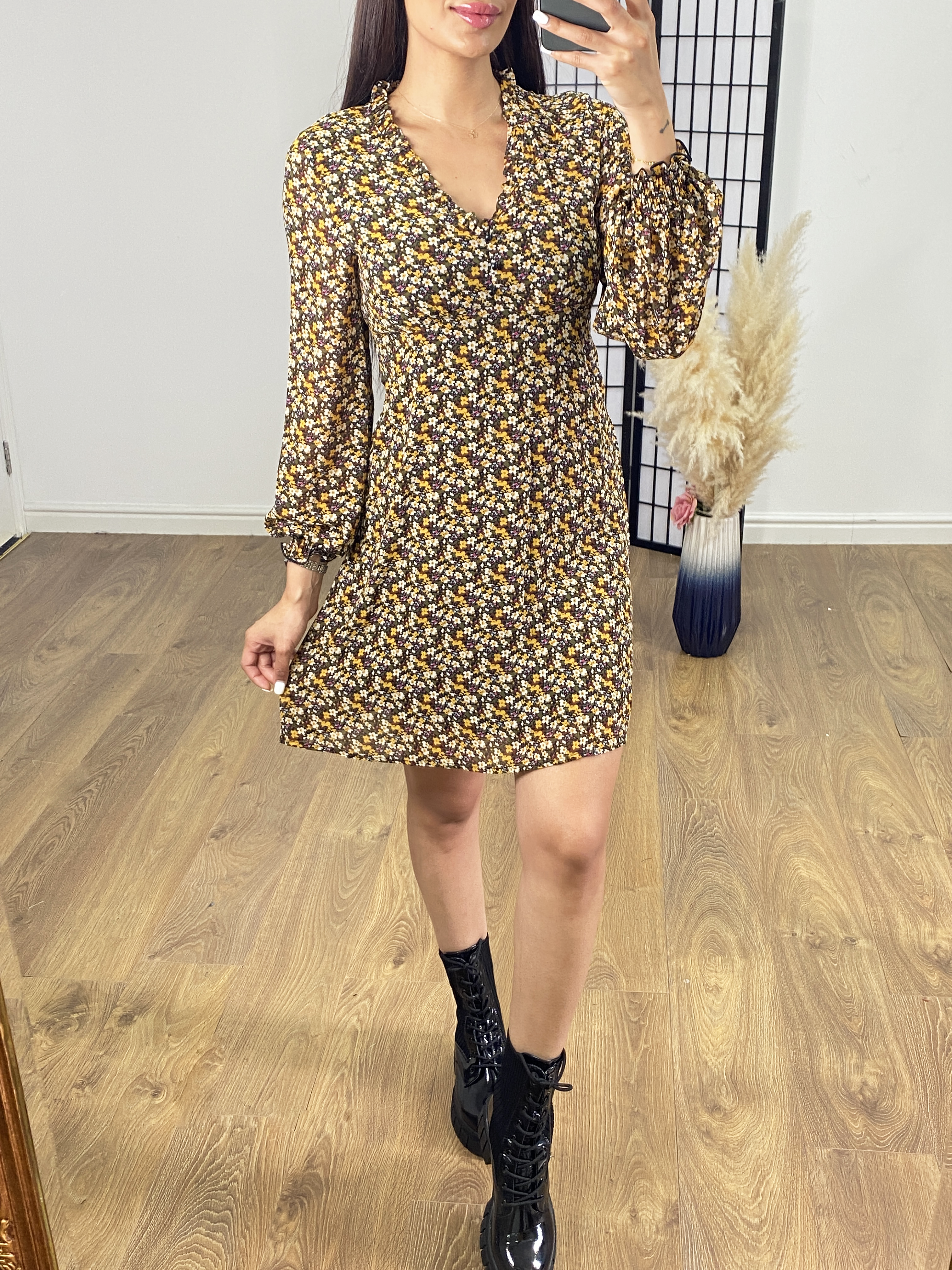 Ebony Mustard Ditsy Floral Print Dress