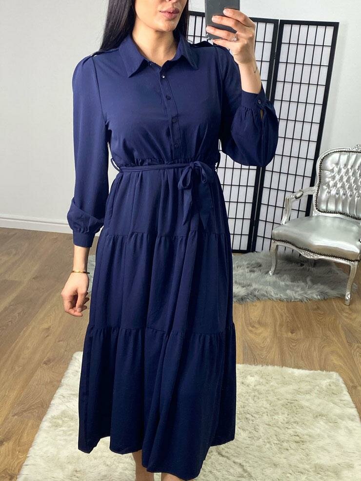 Poula Tiered Chiffon Navy Tie Waist Shirt Dress