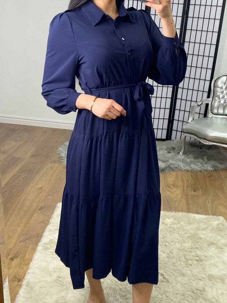 Poula Tiered Chiffon Navy Tie Waist Shirt Dress