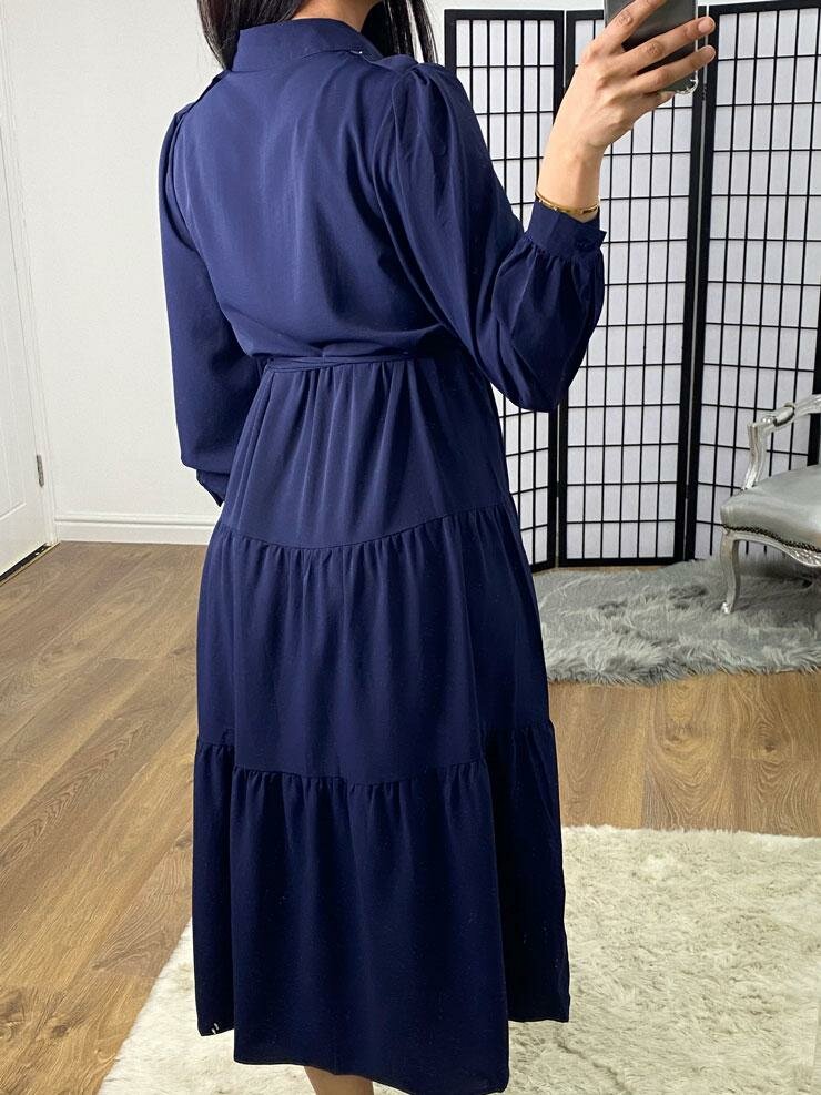 Poula Tiered Chiffon Navy Tie Waist Shirt Dress