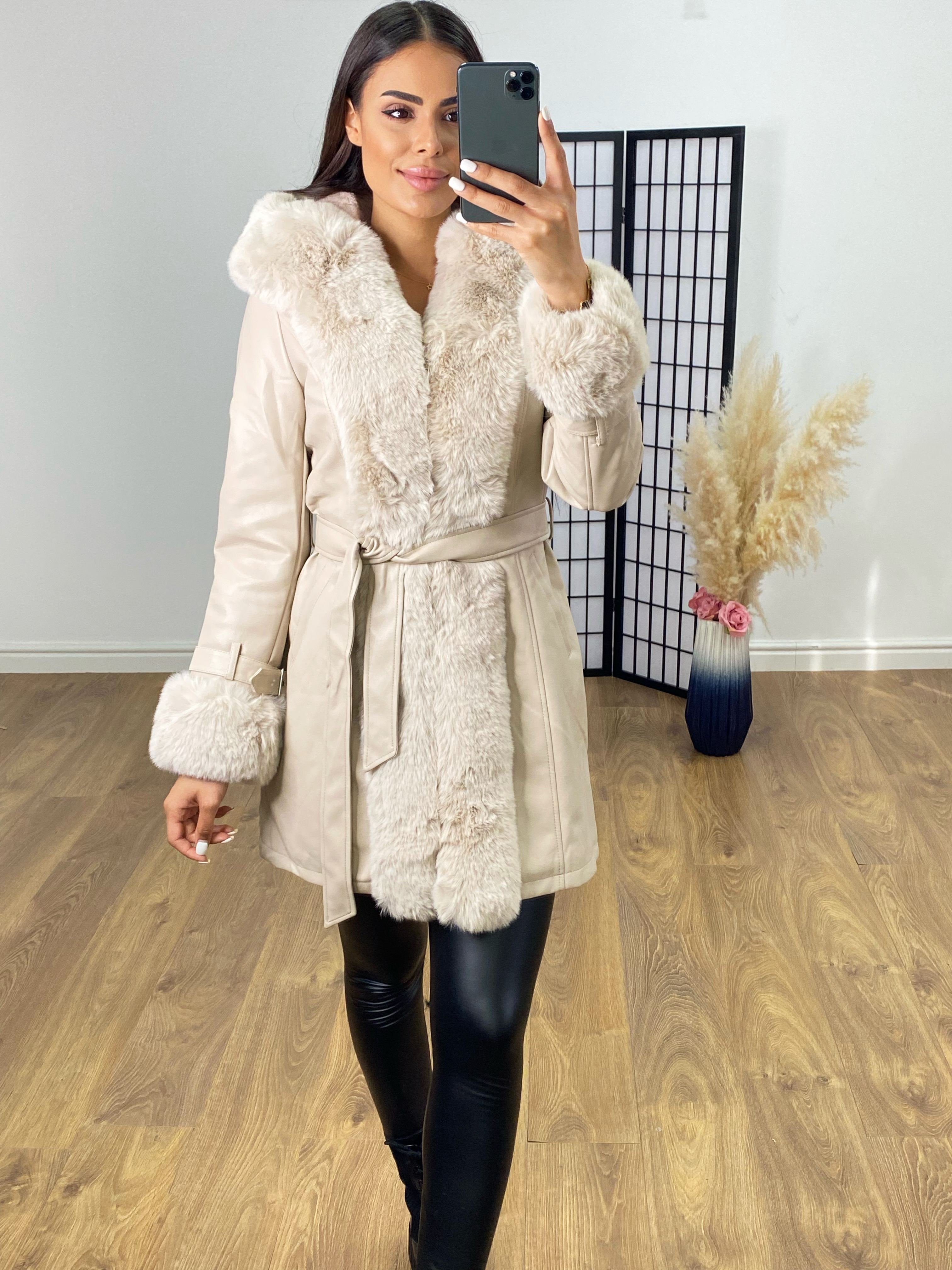 Paris Beige Faux Leather Hooded Coat