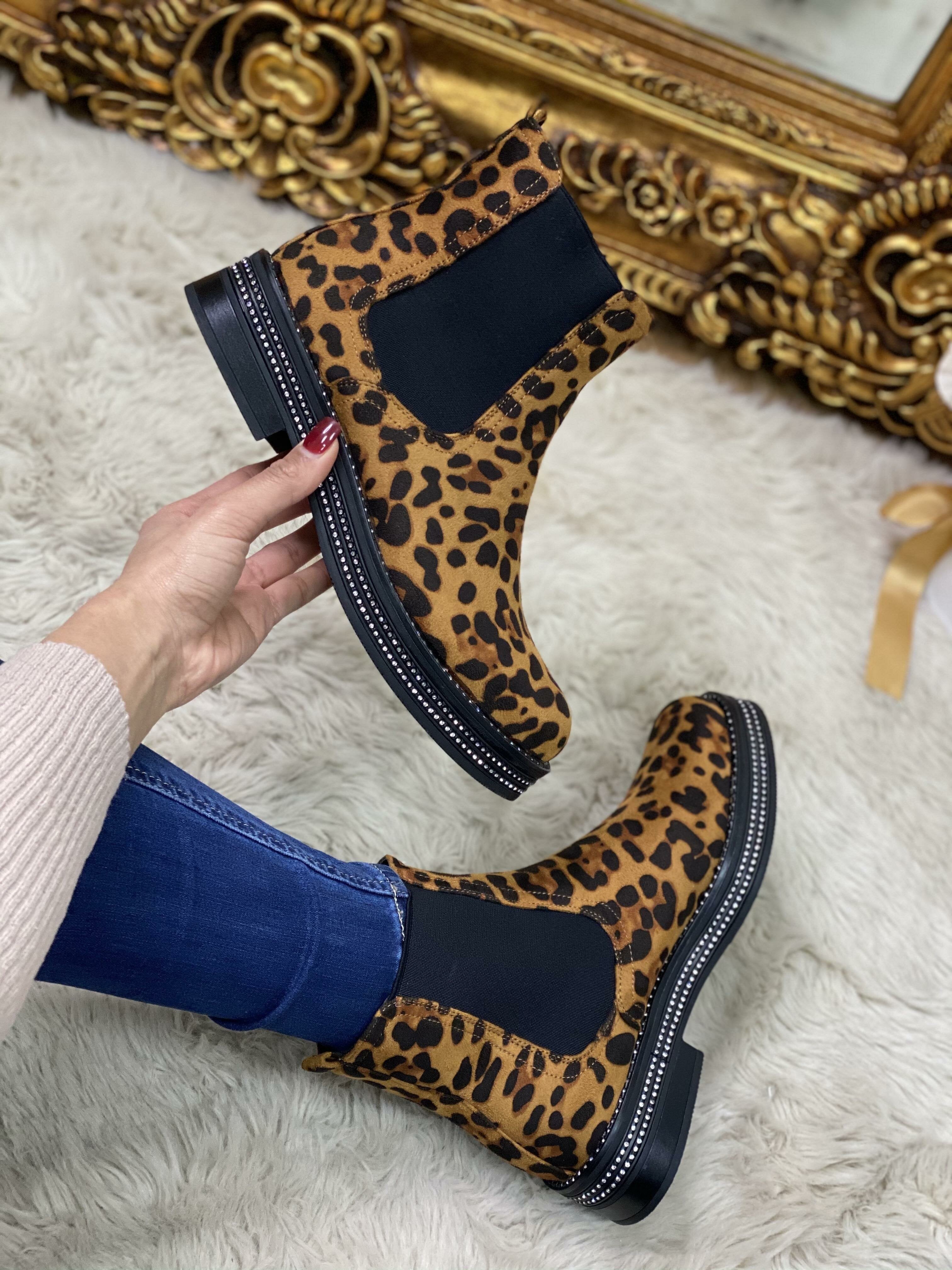 Stacy Leopard Faux Suede Diamante Ankle Boots