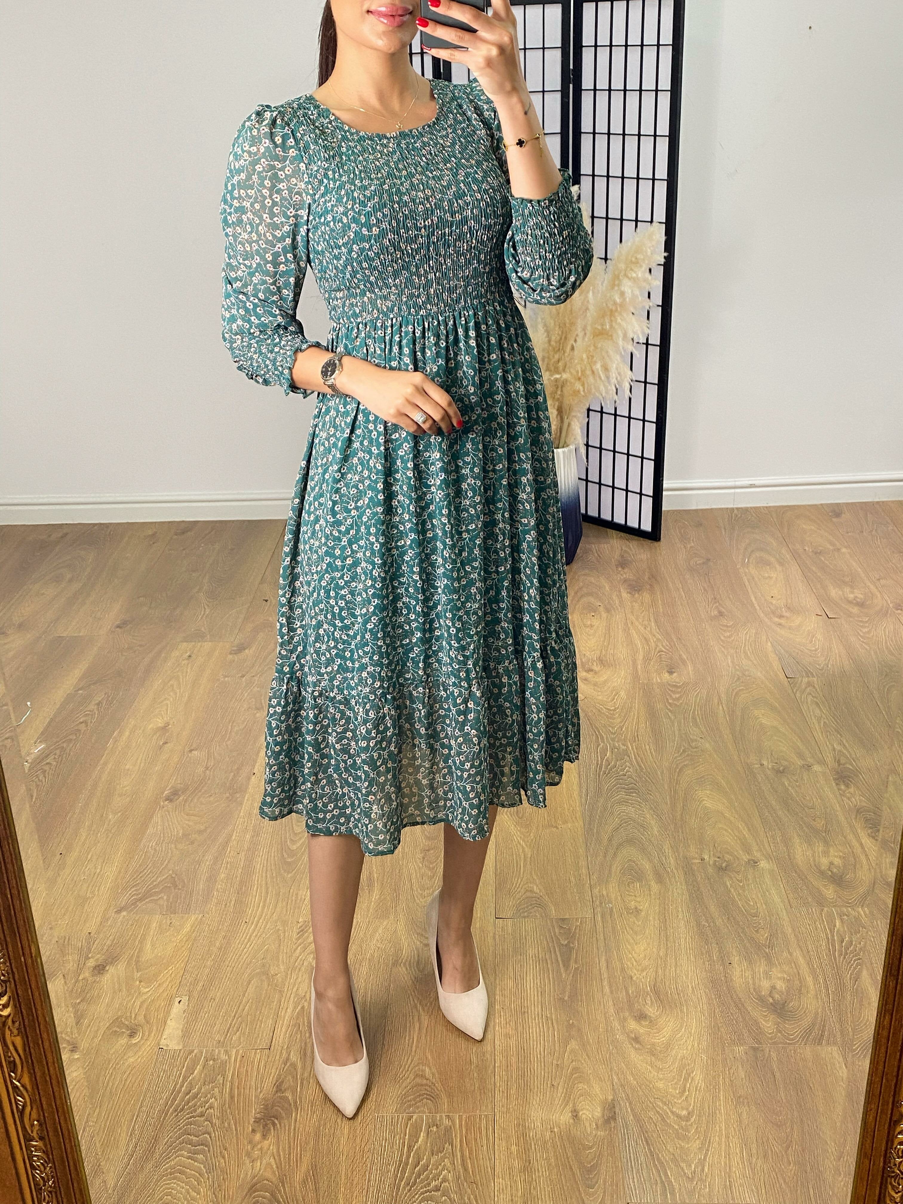 Jaylin Teal Floral Shirred Dress