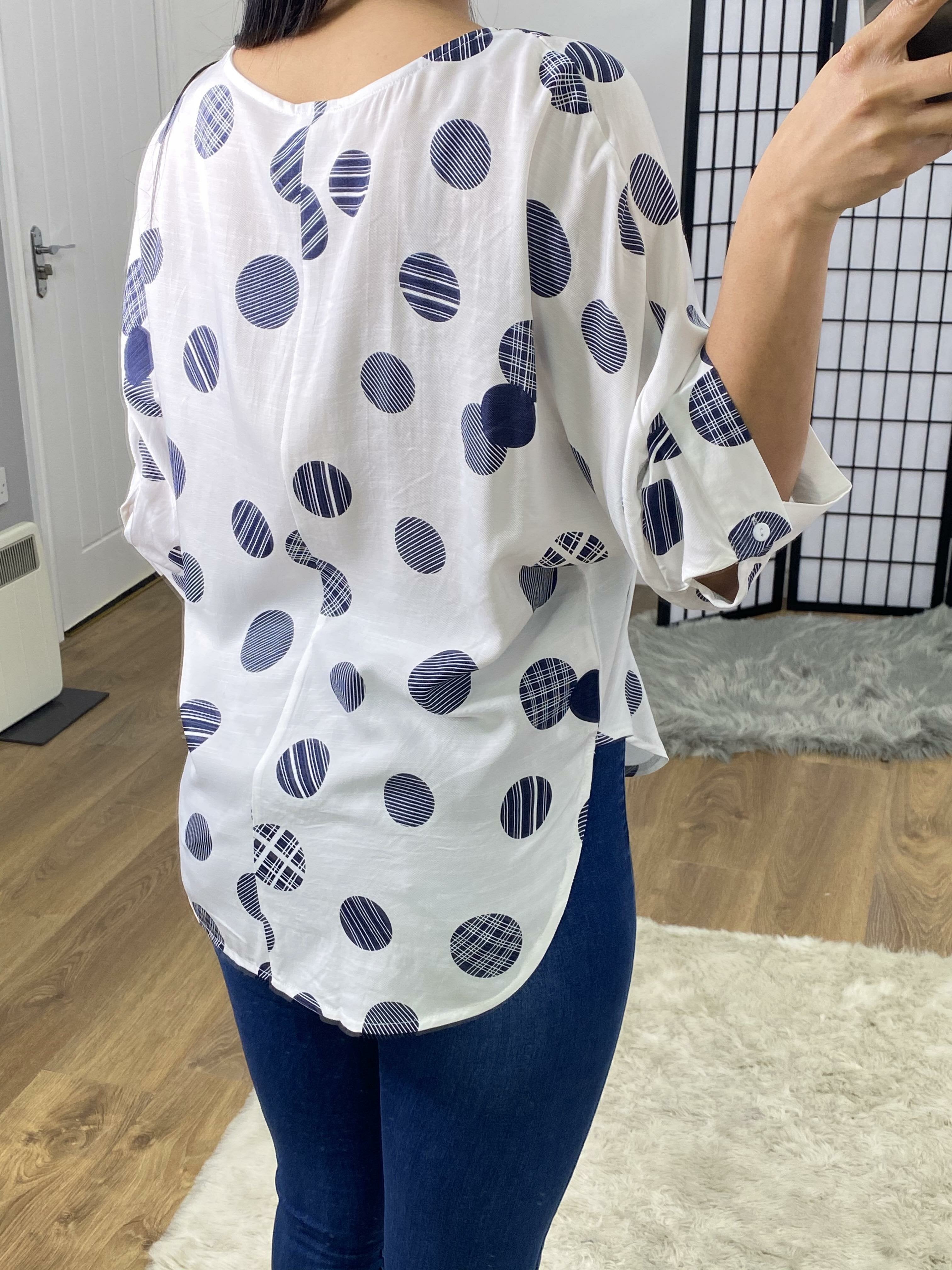 Berlin White Circle Print Dipped Hem Blouse