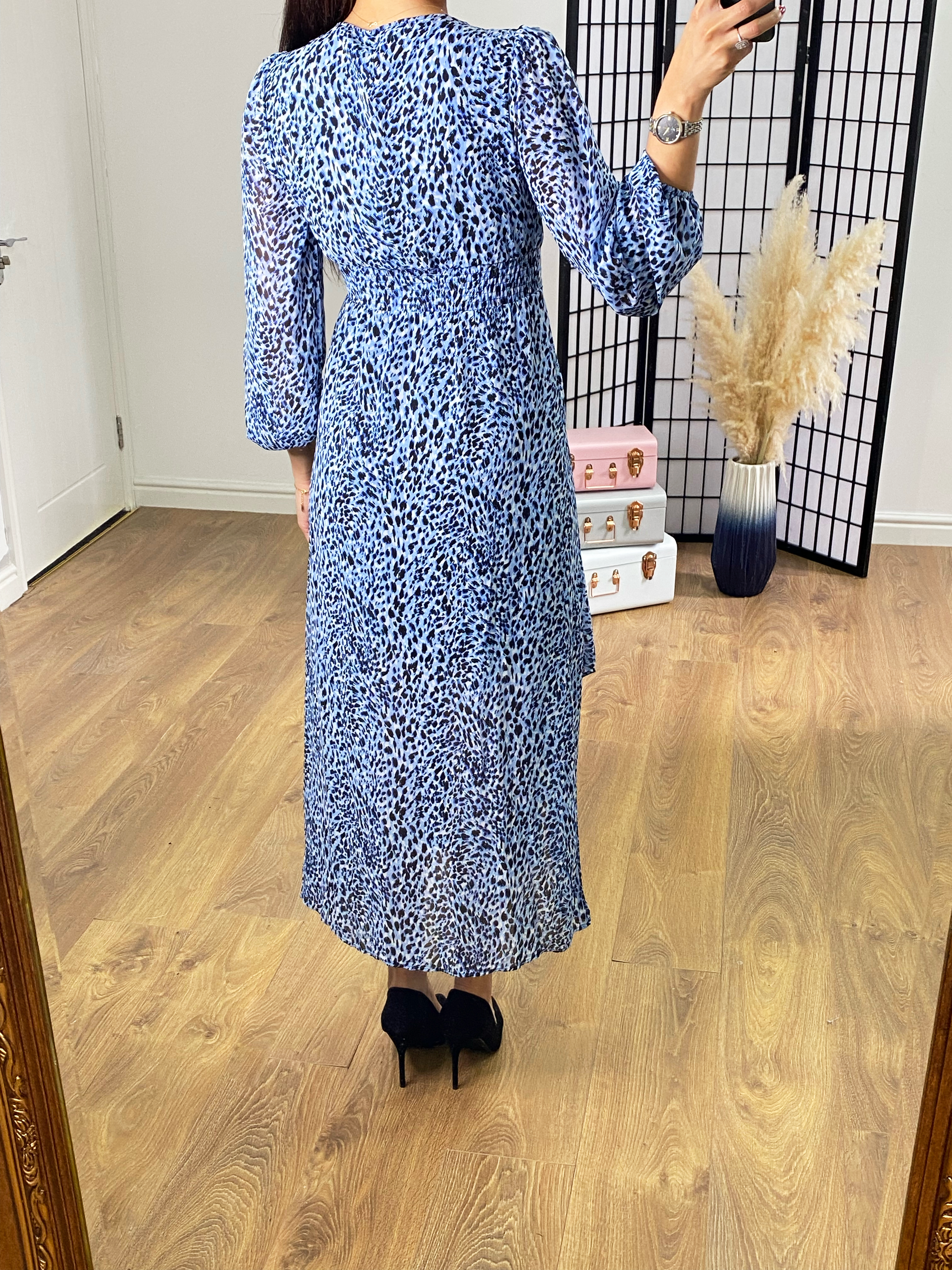 Crown Blue Leopard Print Sheer Sleeve Floaty Dress