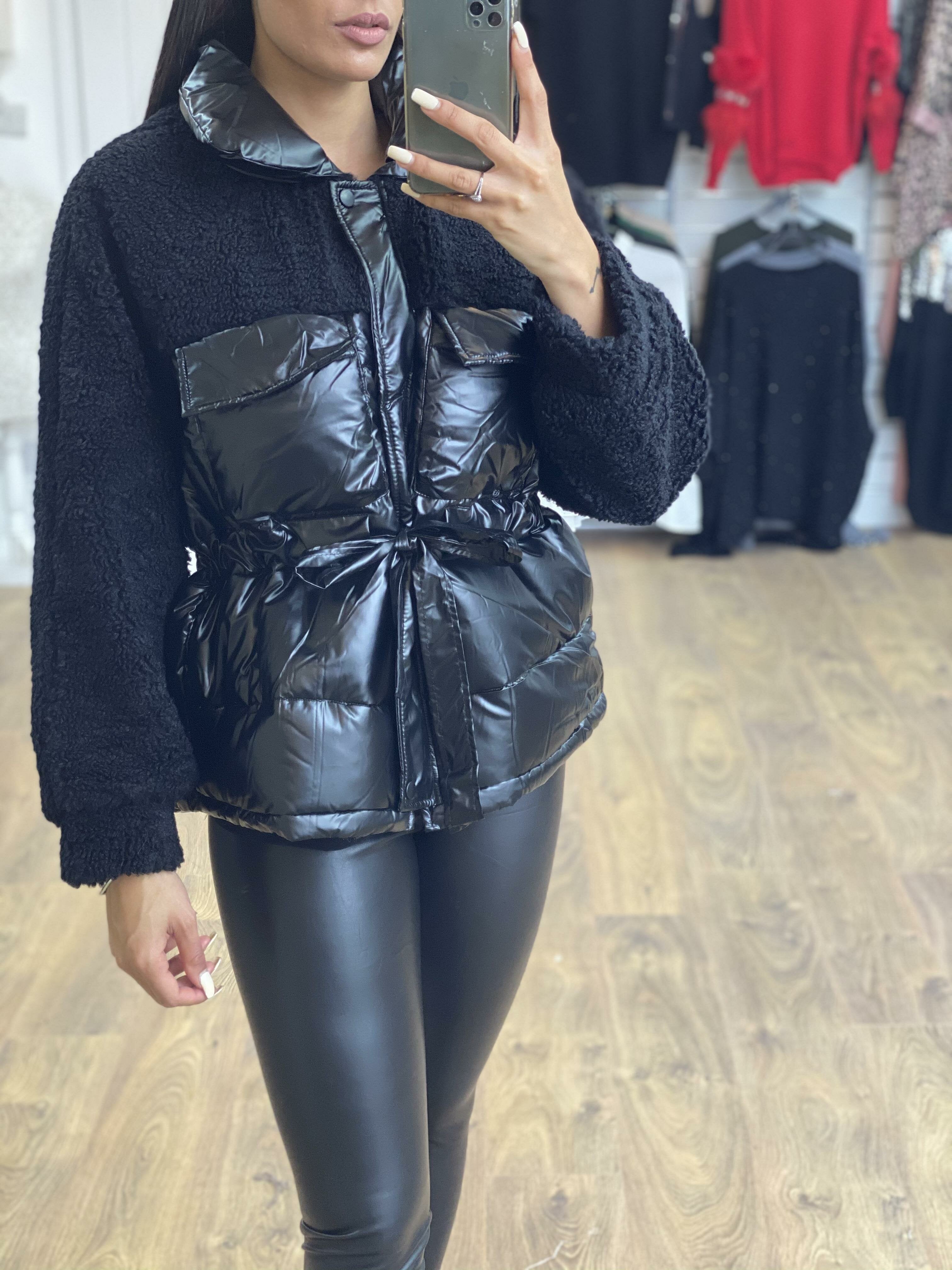 Mitzy Oversized Faux Leather Teddy Tie Waist Puffer Jacket