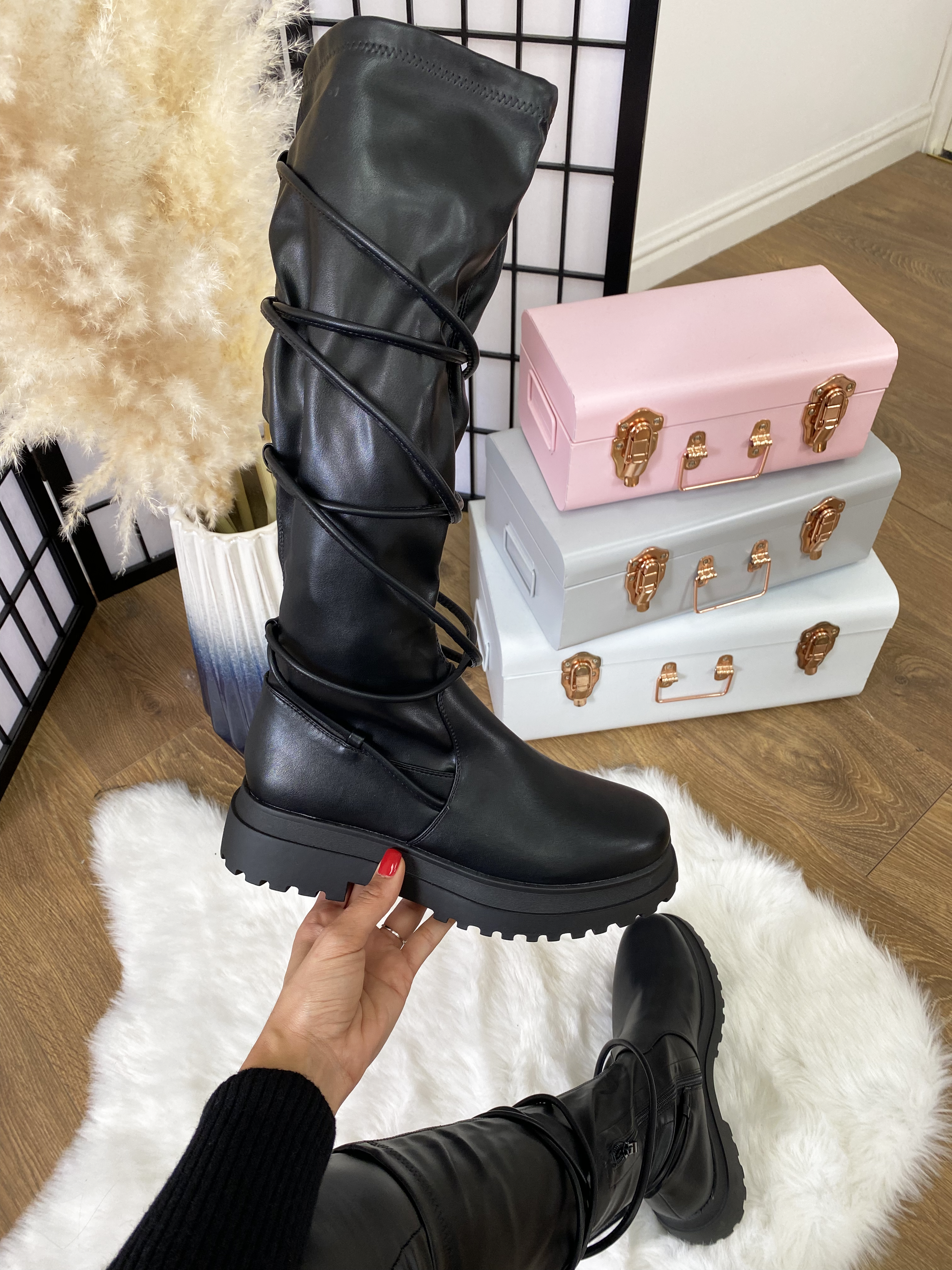 Veneesha PU Tie Detail Chunky Sole Boot