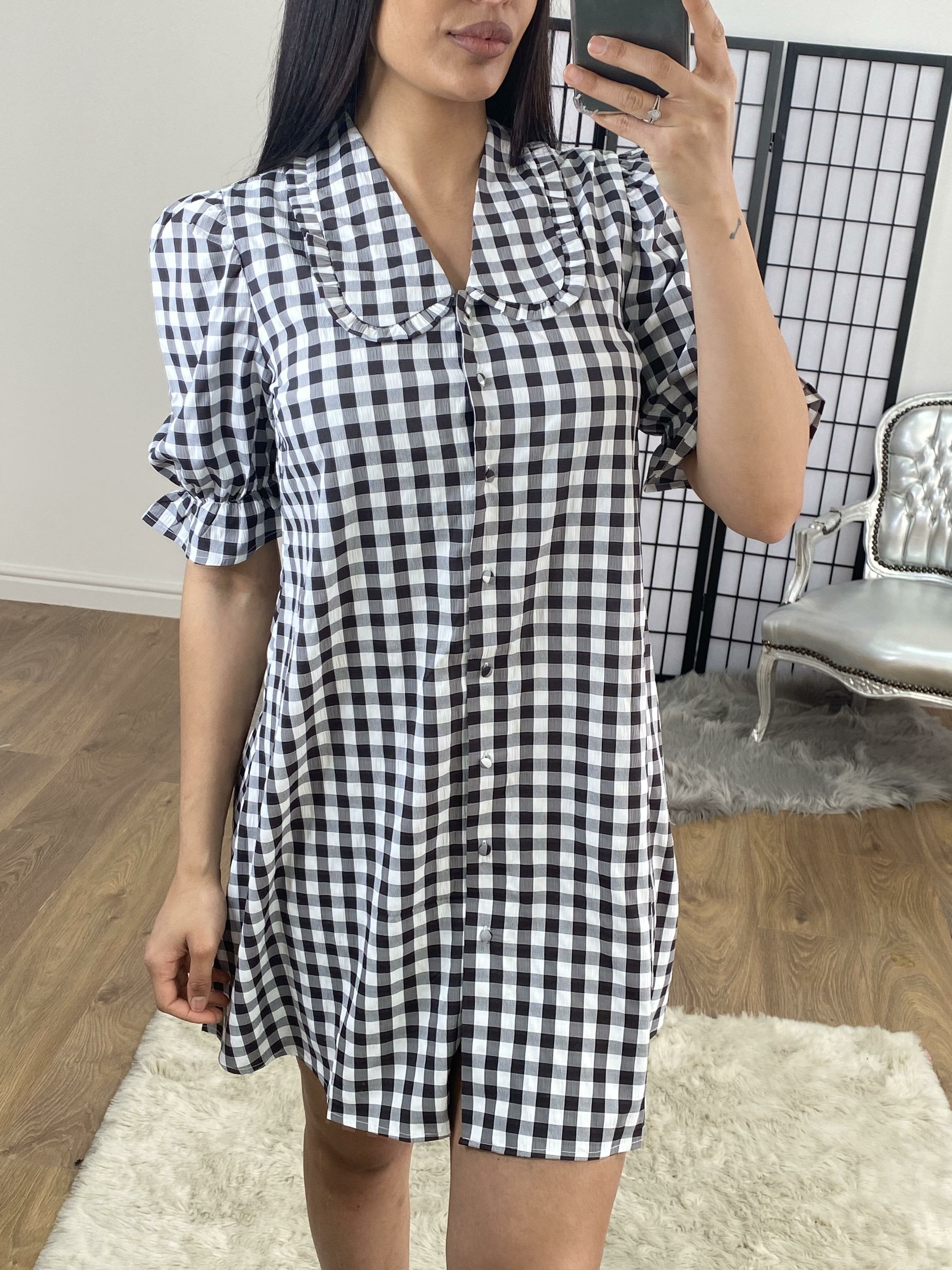 Pansy Checked Black And White Frill Shirt Dress