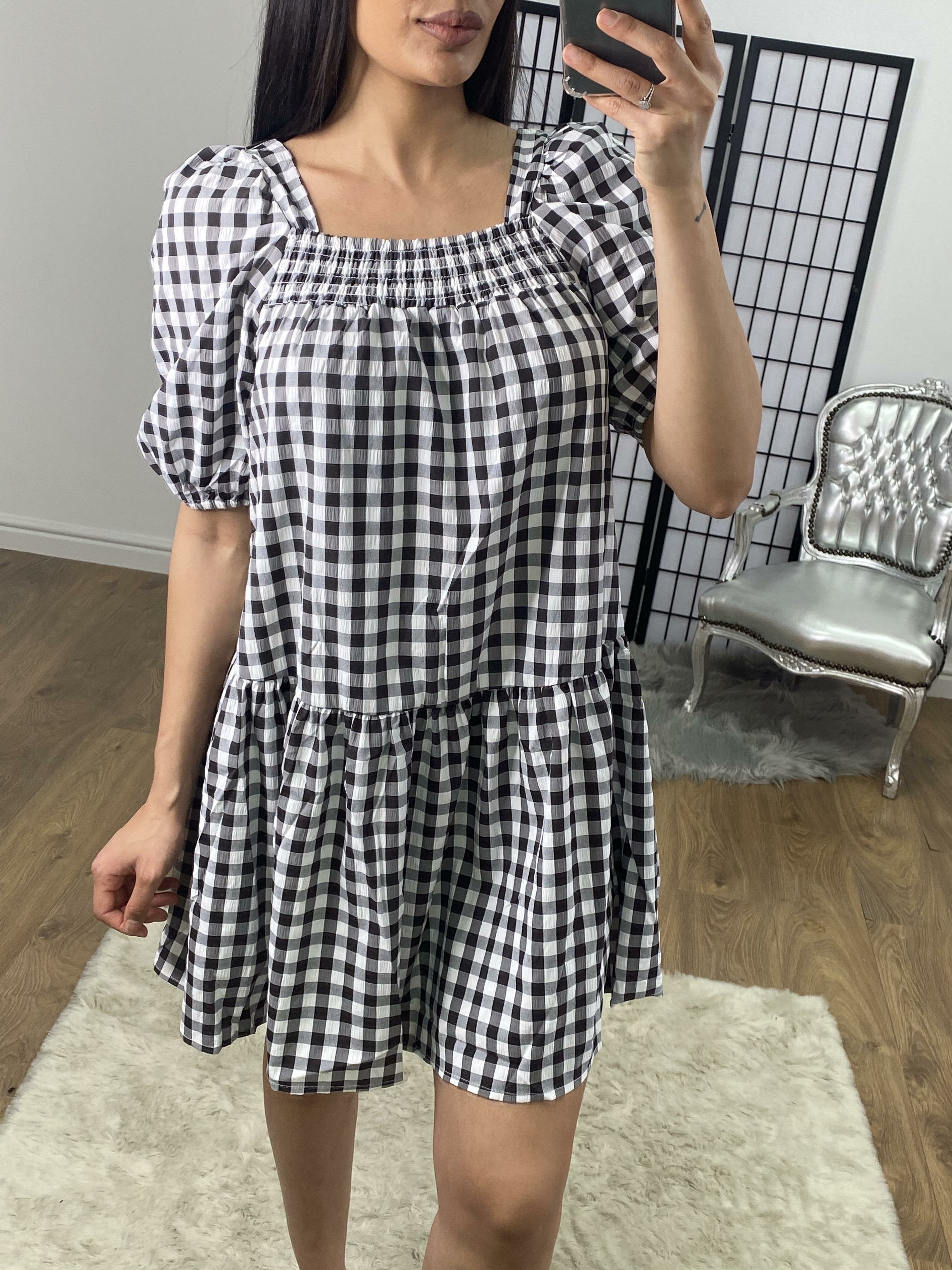 Kellis Checked Monochrome Elasticated Puff Sleeve Dress