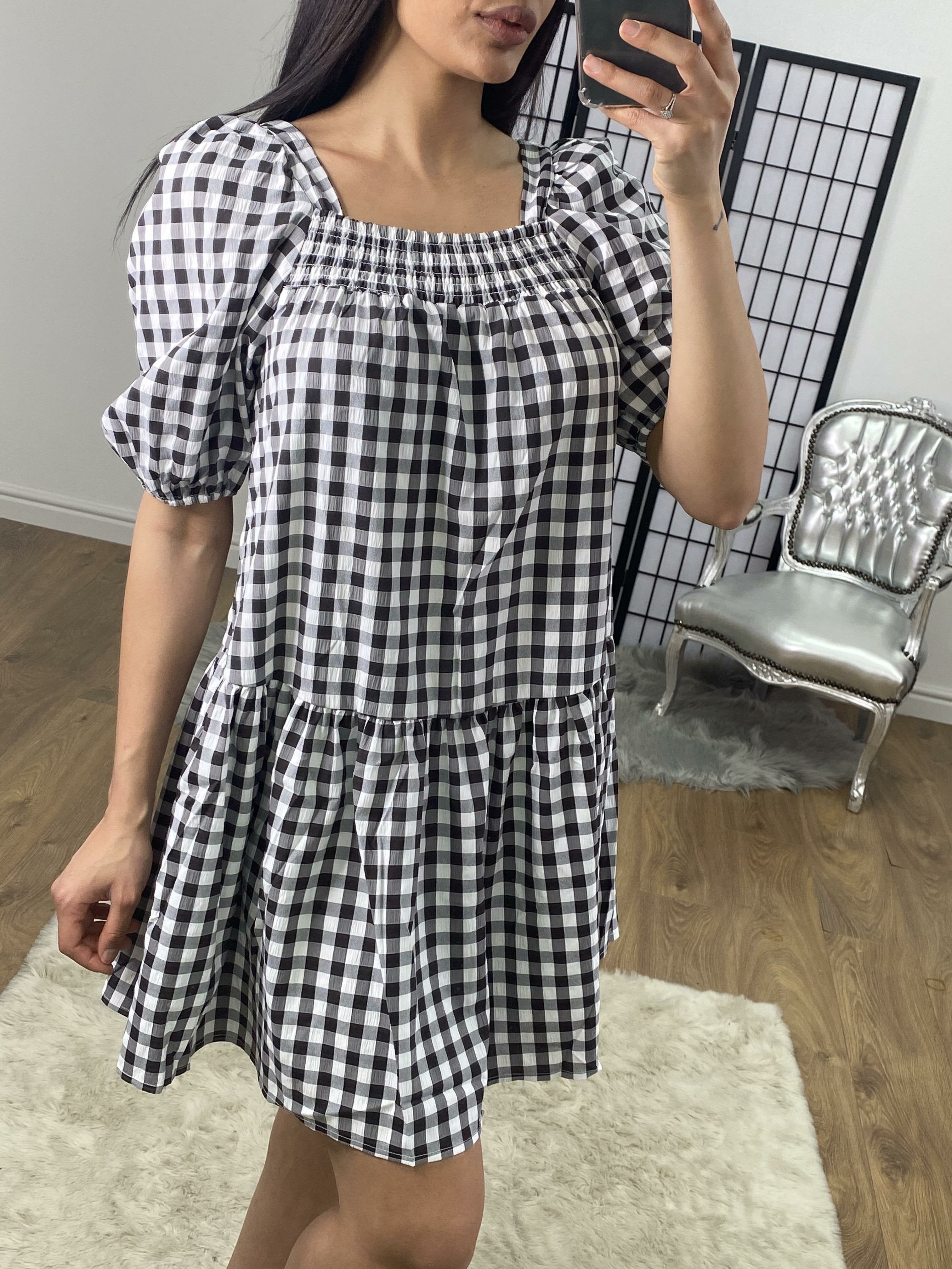 Kellis Checked Monochrome Elasticated Puff Sleeve Dress