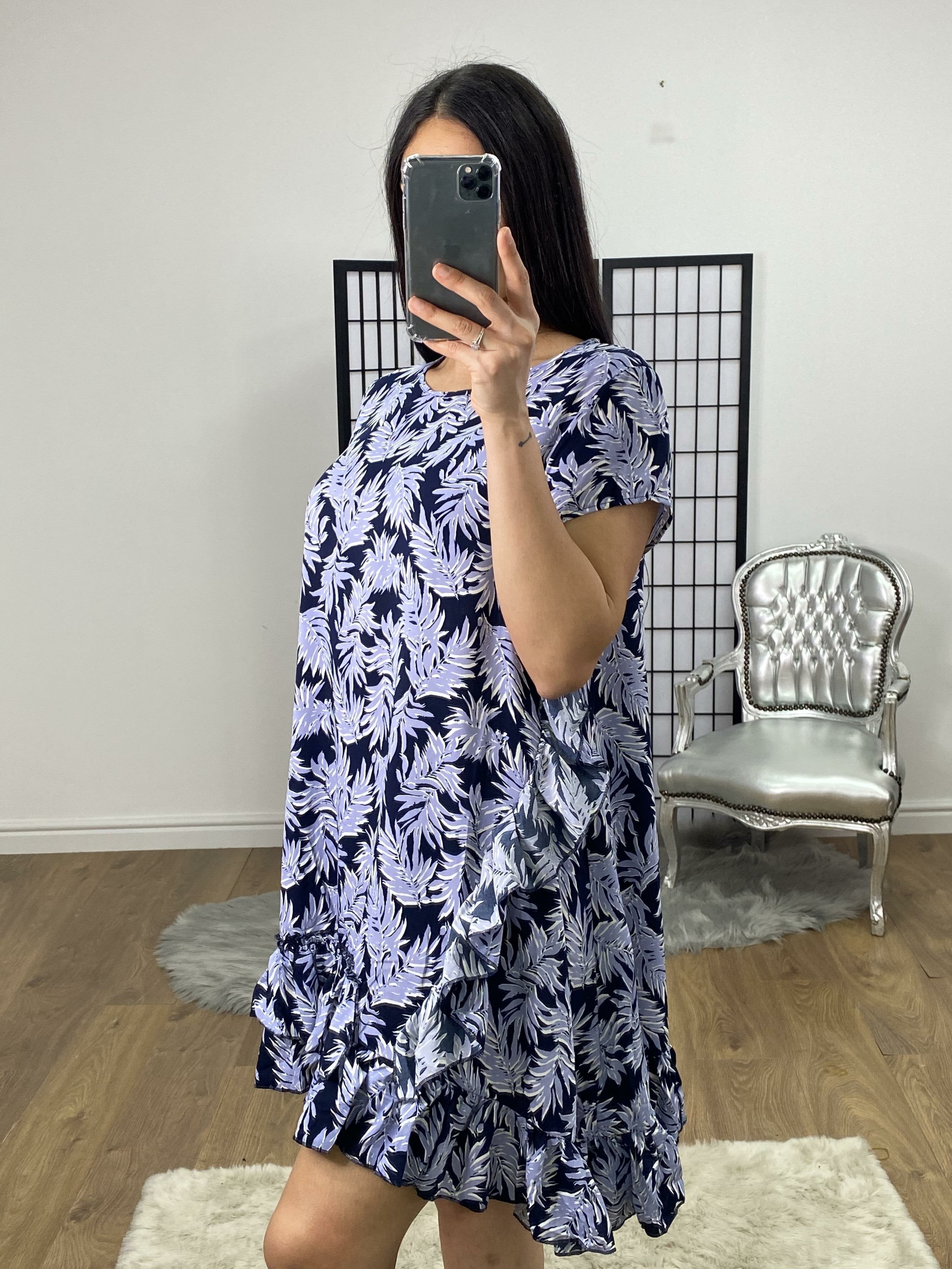 Arry Lilac Leaf Print Asymmetric Ruffle Dress