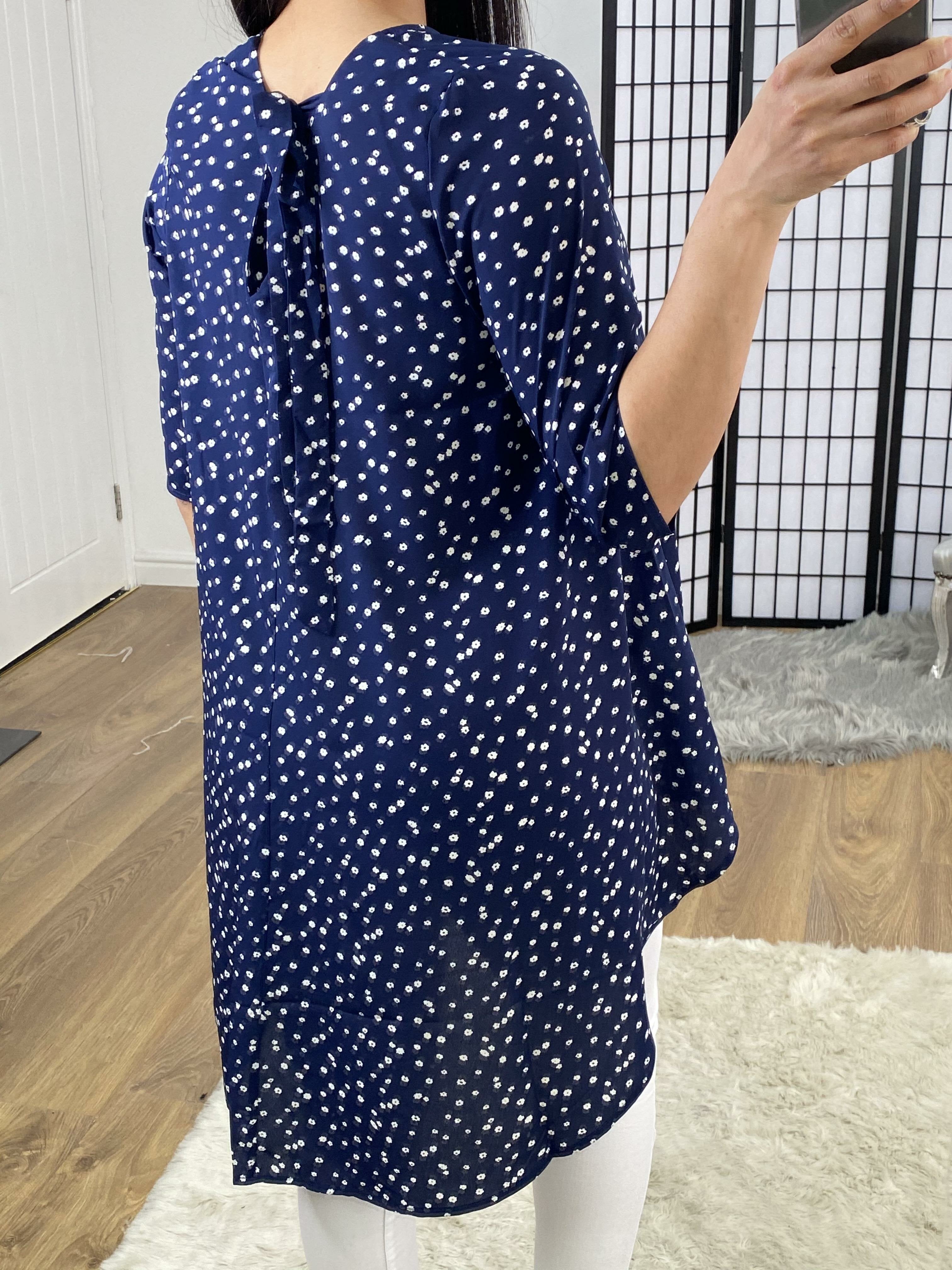 Saffie Navy Flower Print Dipped Hem Tie Back Top