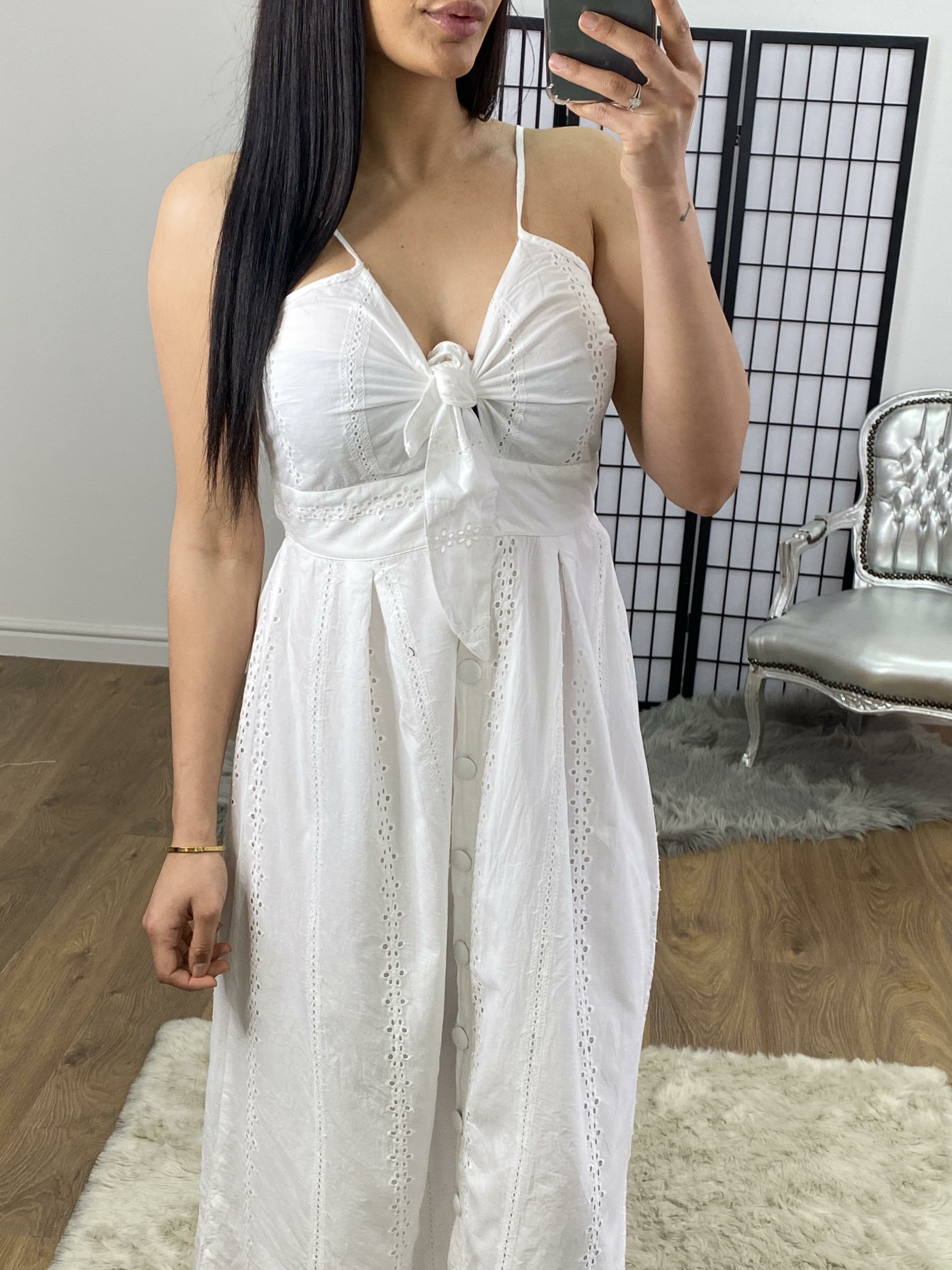 Tamiyah White Embroidery Anglaise Button Tie Dress