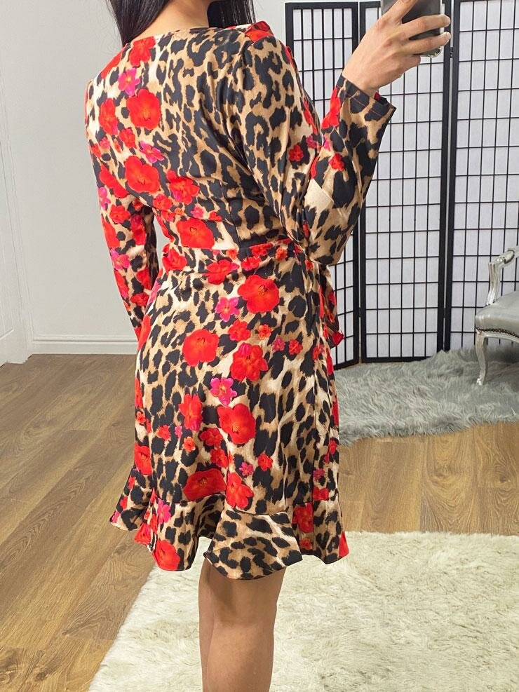 Kermia Leopard Flower Ruffle Wrap Dress
