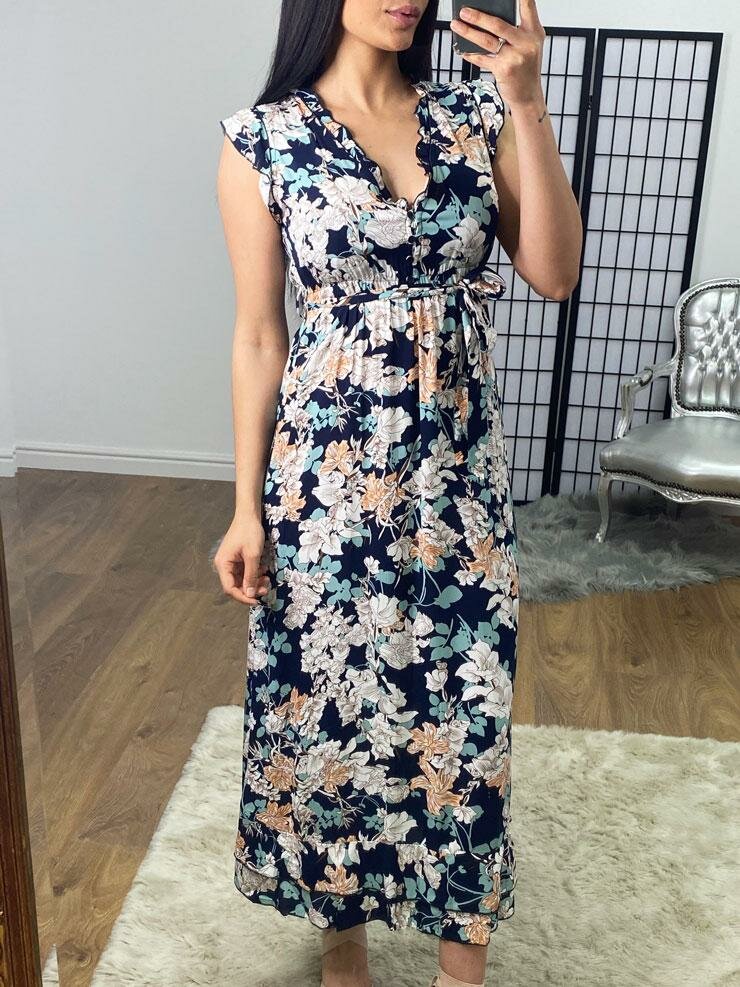 Bronta Floral Print Frill Sleeve Button Tie Waist Summer Dress