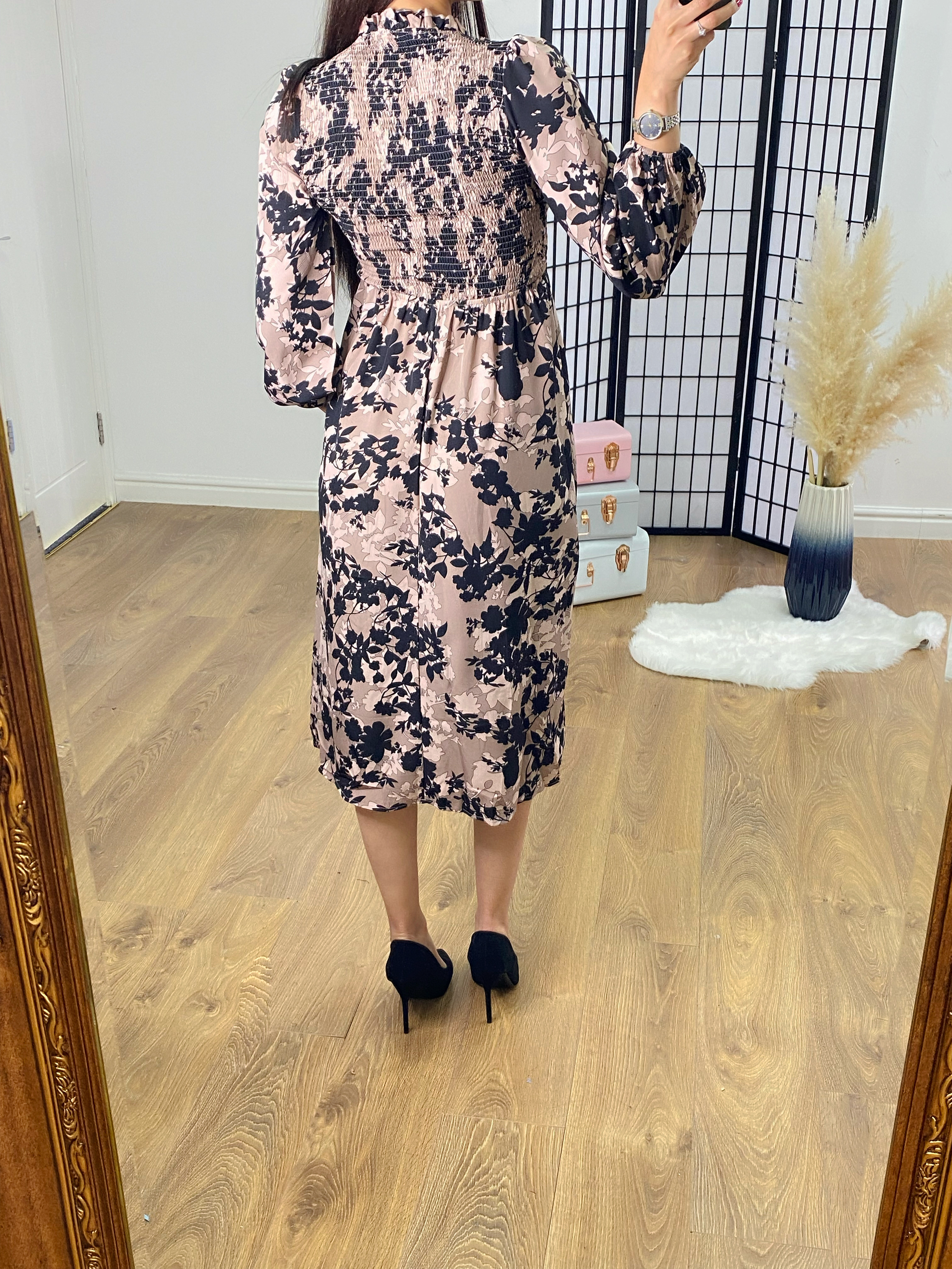 Kelis Taupe Leaf Print Shirred Dress