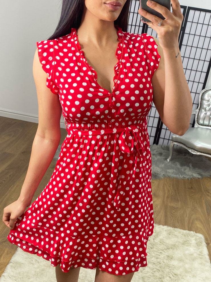Ascot Red Polka Dot Frill Sleeve Tie Waist Dress