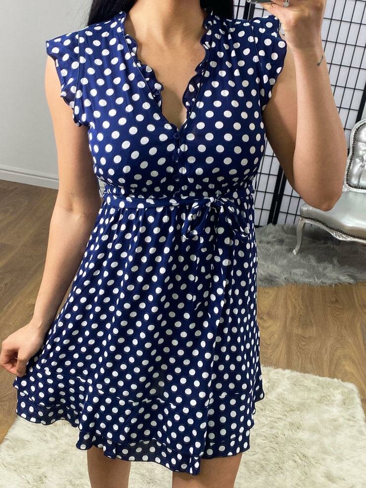 Ascot Navy Polka Dot Frill Sleeve Tie Waist Dress