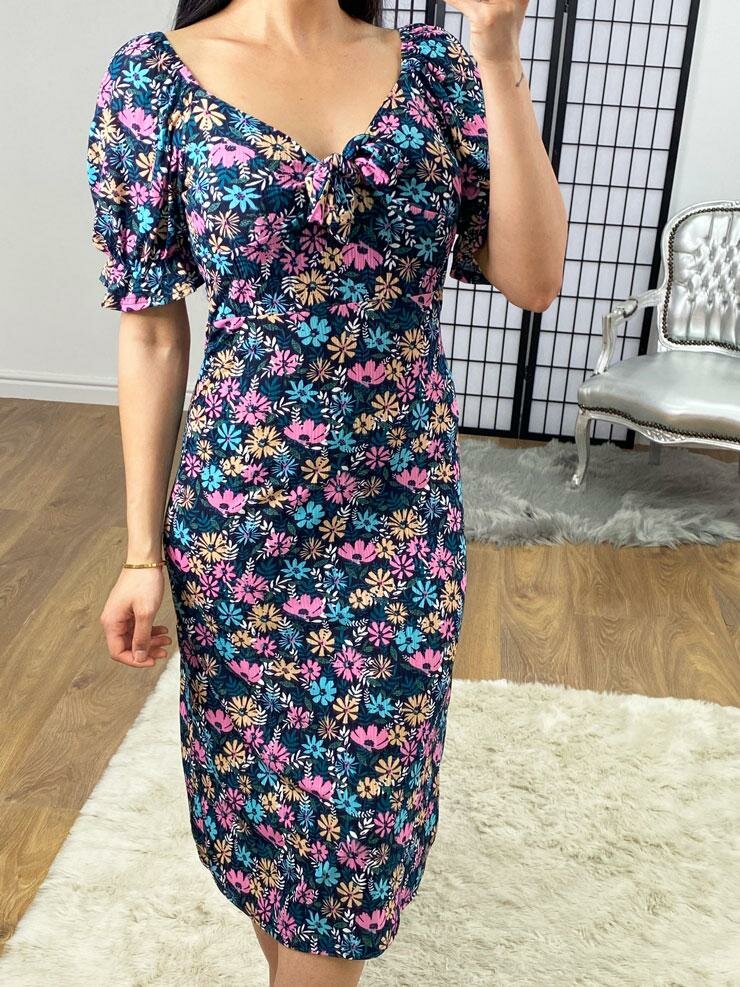 Briggs Floral Bow Tie Puff Sleeve Swing Dress