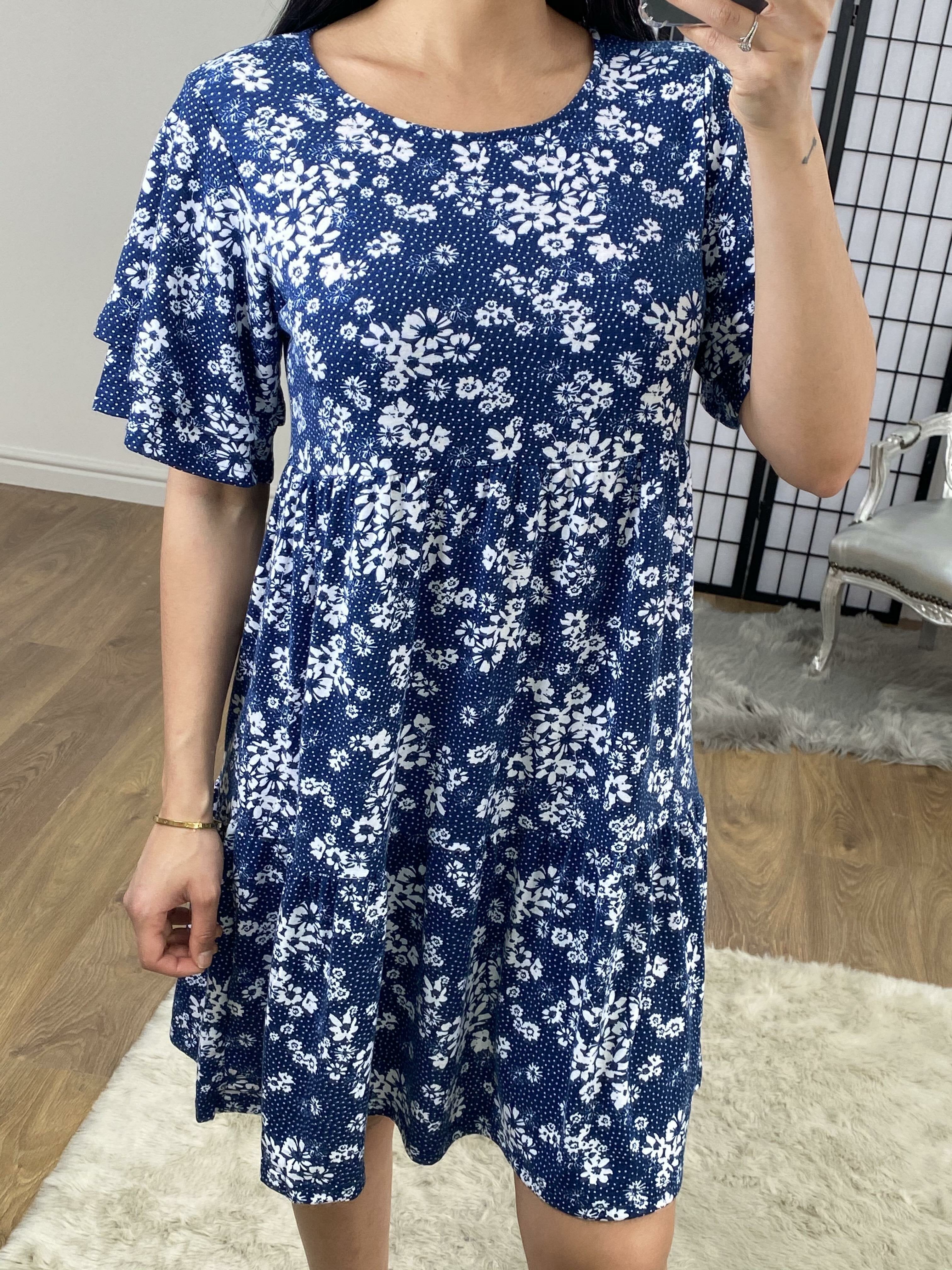 Easton Floral Navy Double Layer Smock Dress