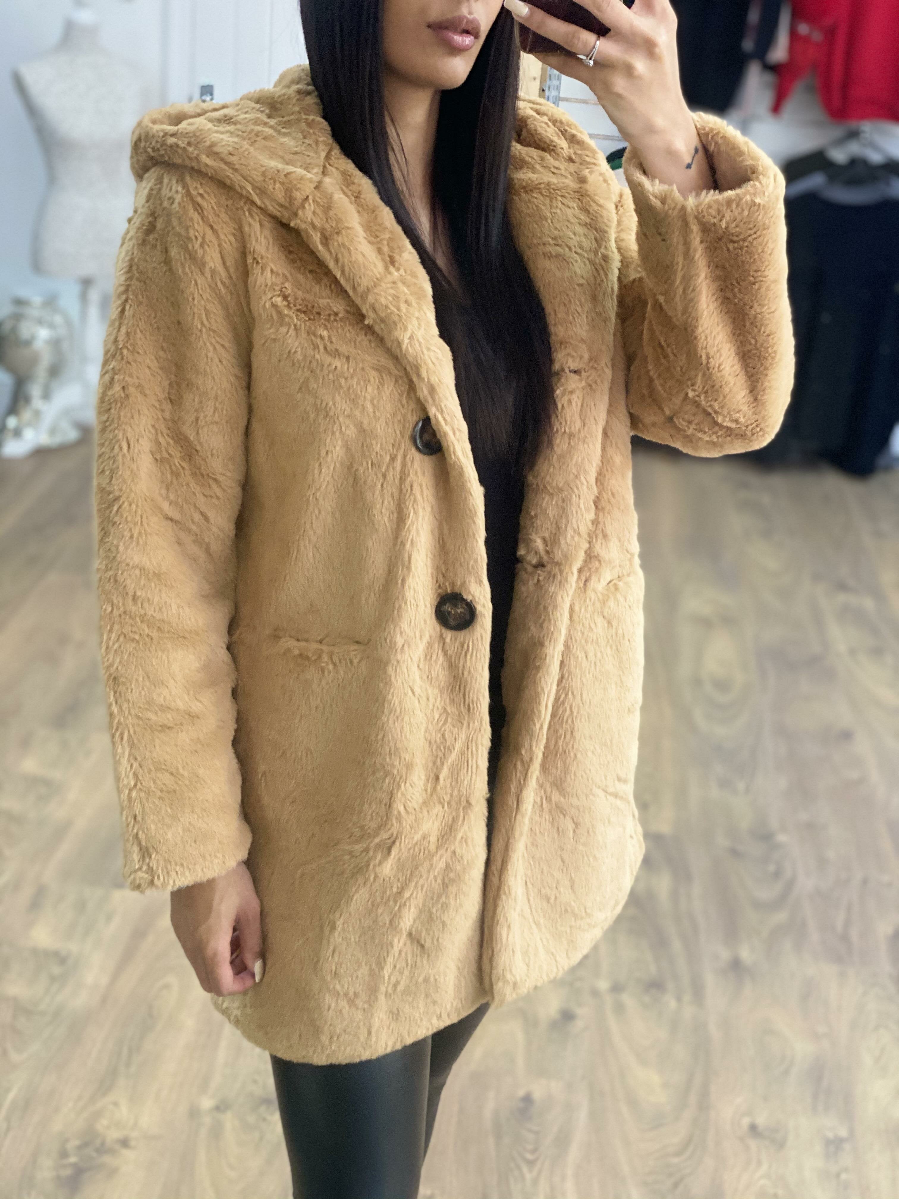 Amilie Faux Fur Hooded Button Detail Oversized Coat