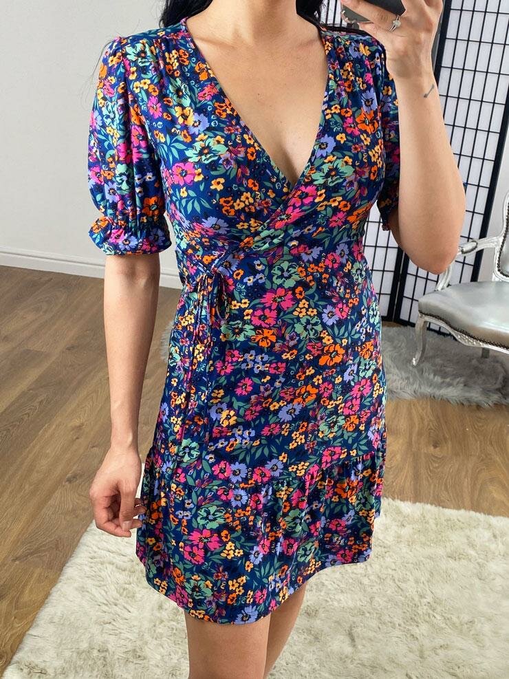 Acadia Navy Floral Wrap Puff Sleeve Summer Dress