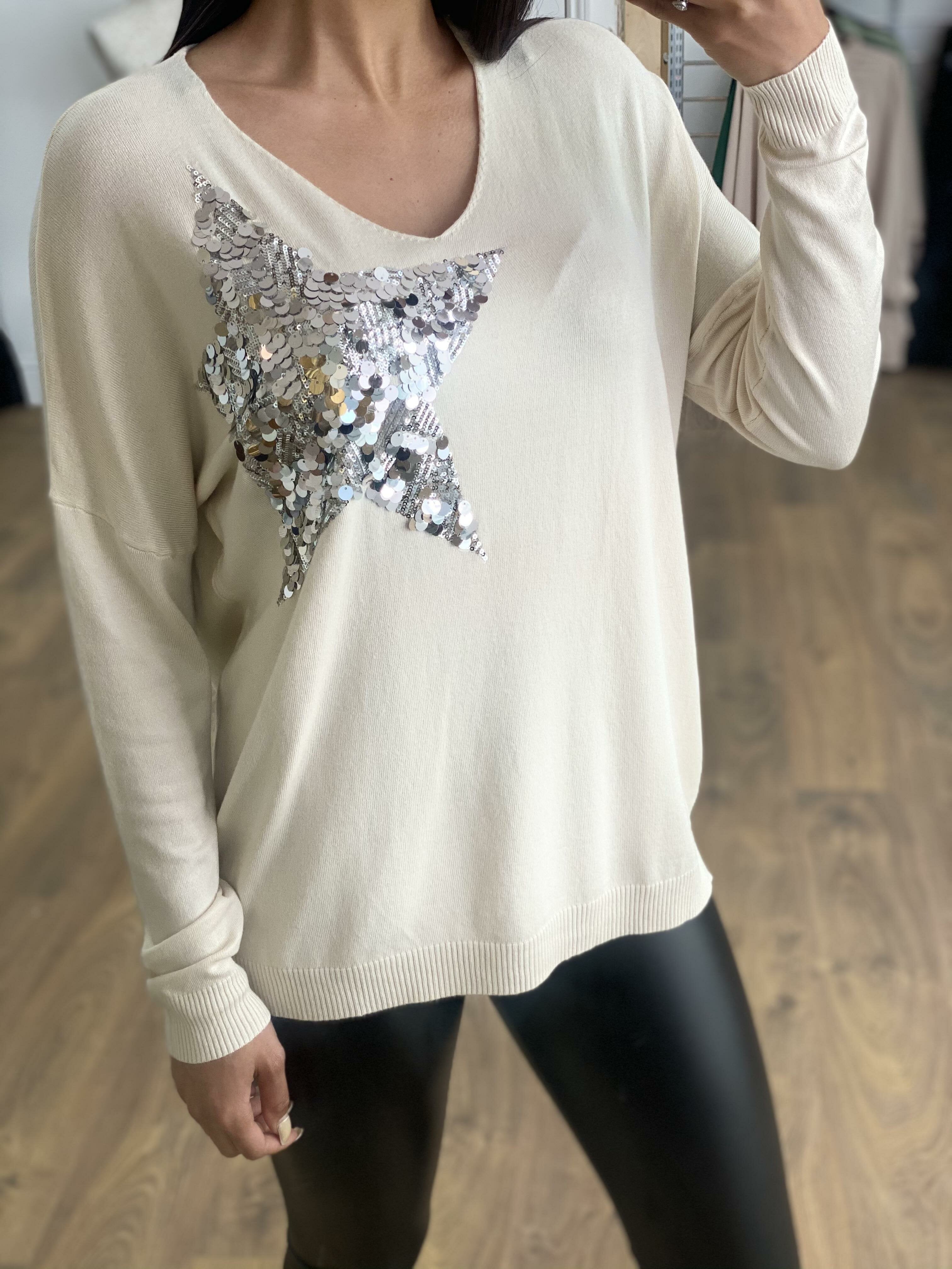 Annalise Sequin Star Detailed Thin Knit Jumper