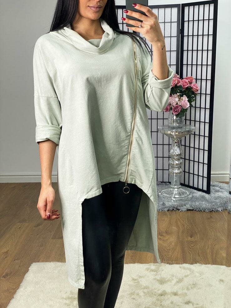 Cardena Zip Detailed Oversized Cowel Neck Dipped Hem Jumper