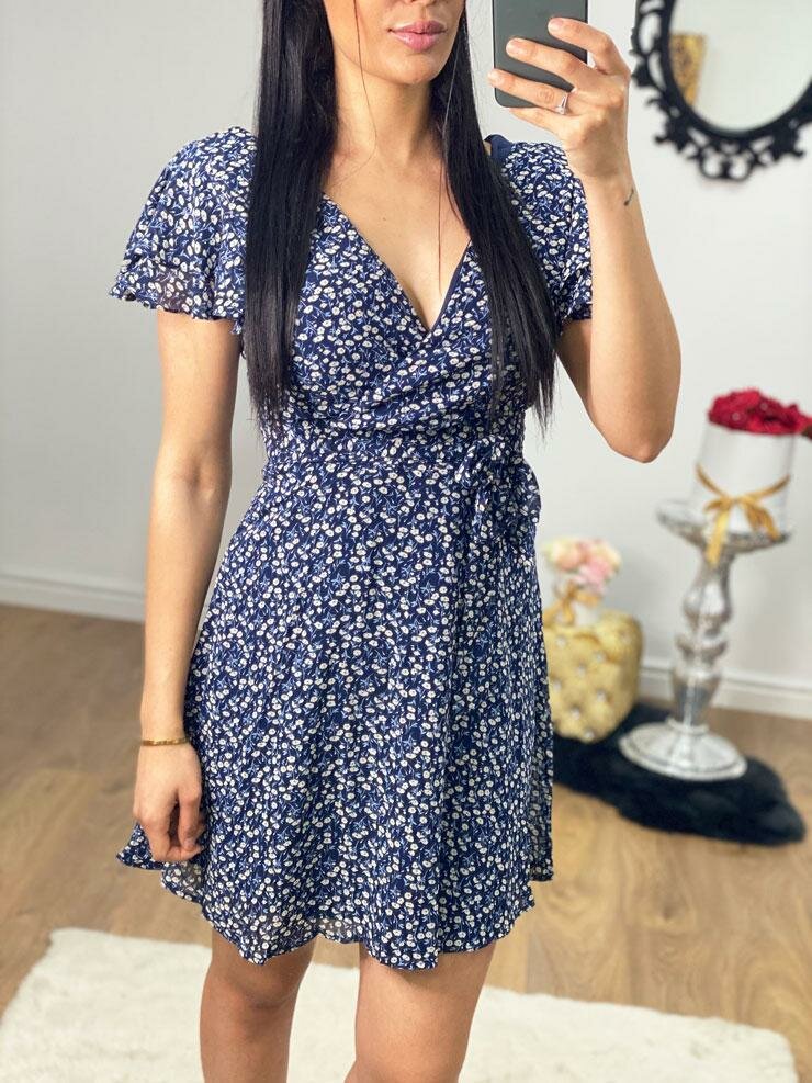 Inisa Paisley Navy Print Frill Sleeve Dress