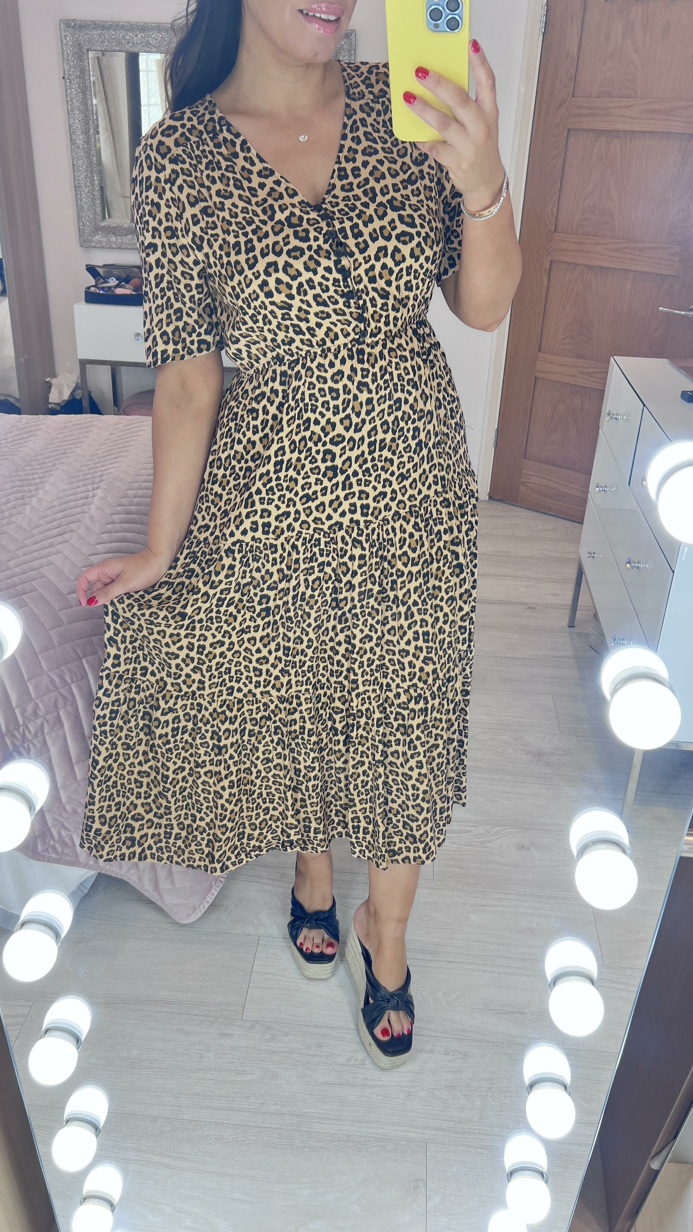 Irenna Leopard Print Tiered Hem Smock Dress