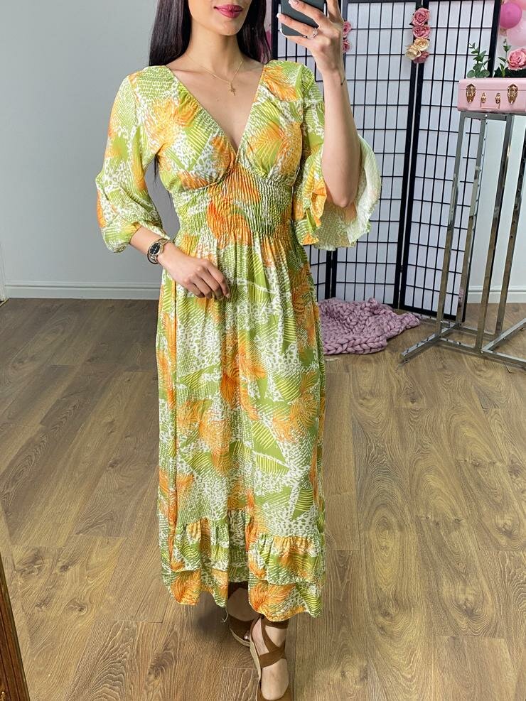 Jacinda Palm Print Ruffle Hem Maxi Dress