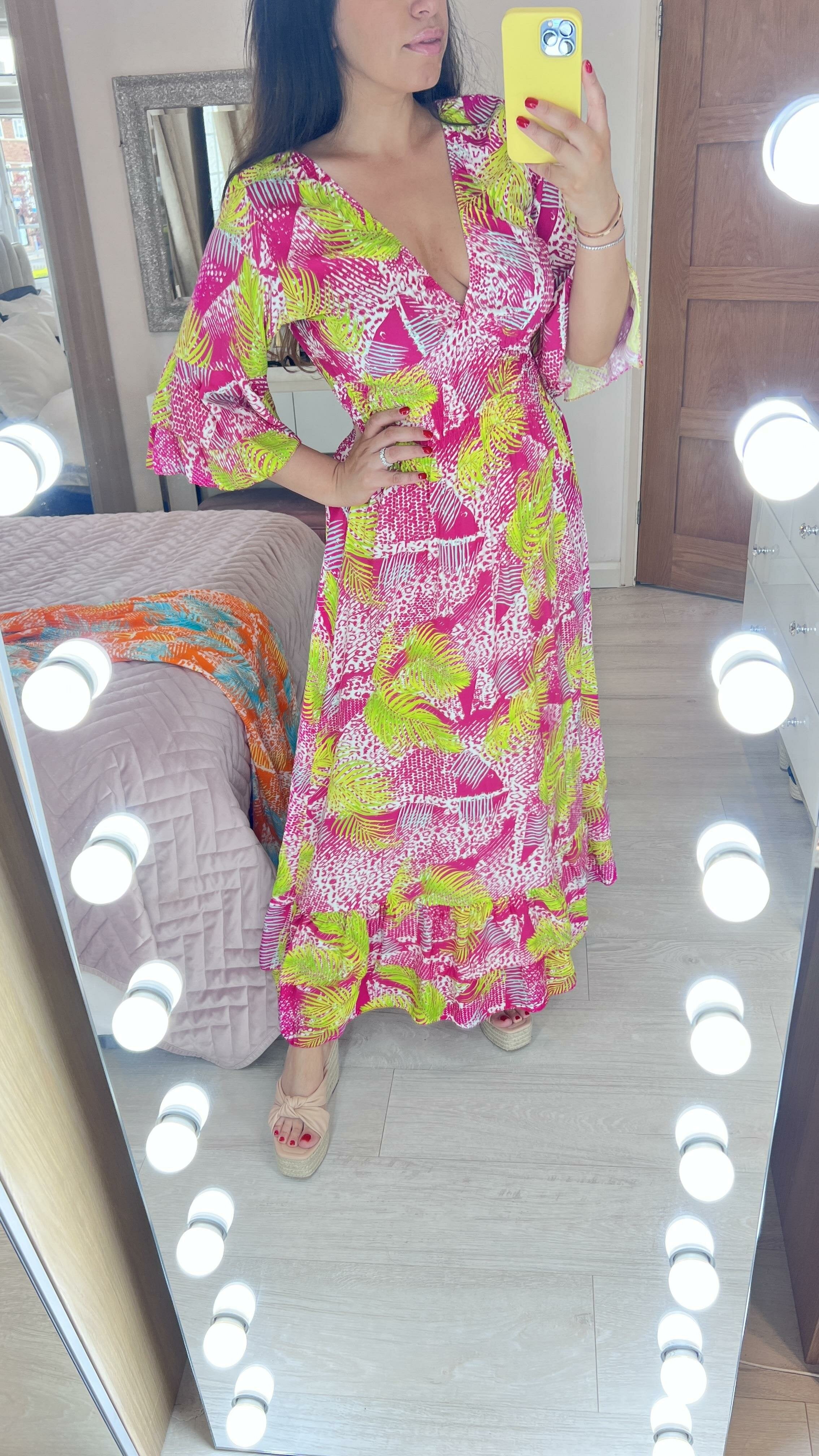 Jacinda Palm Print Ruffle Hem Maxi Dress