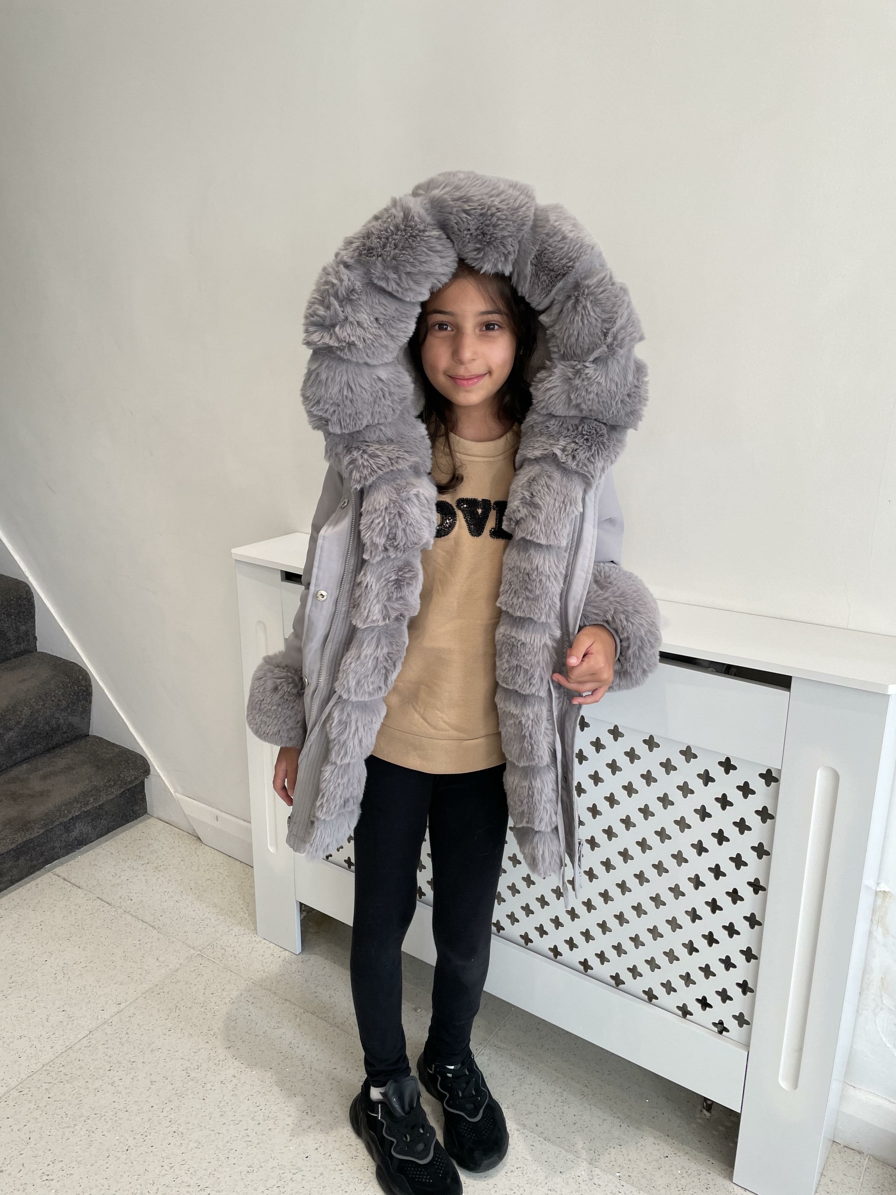 Jaya Grey KIDS Faux Fur Hooded Toggle Coat