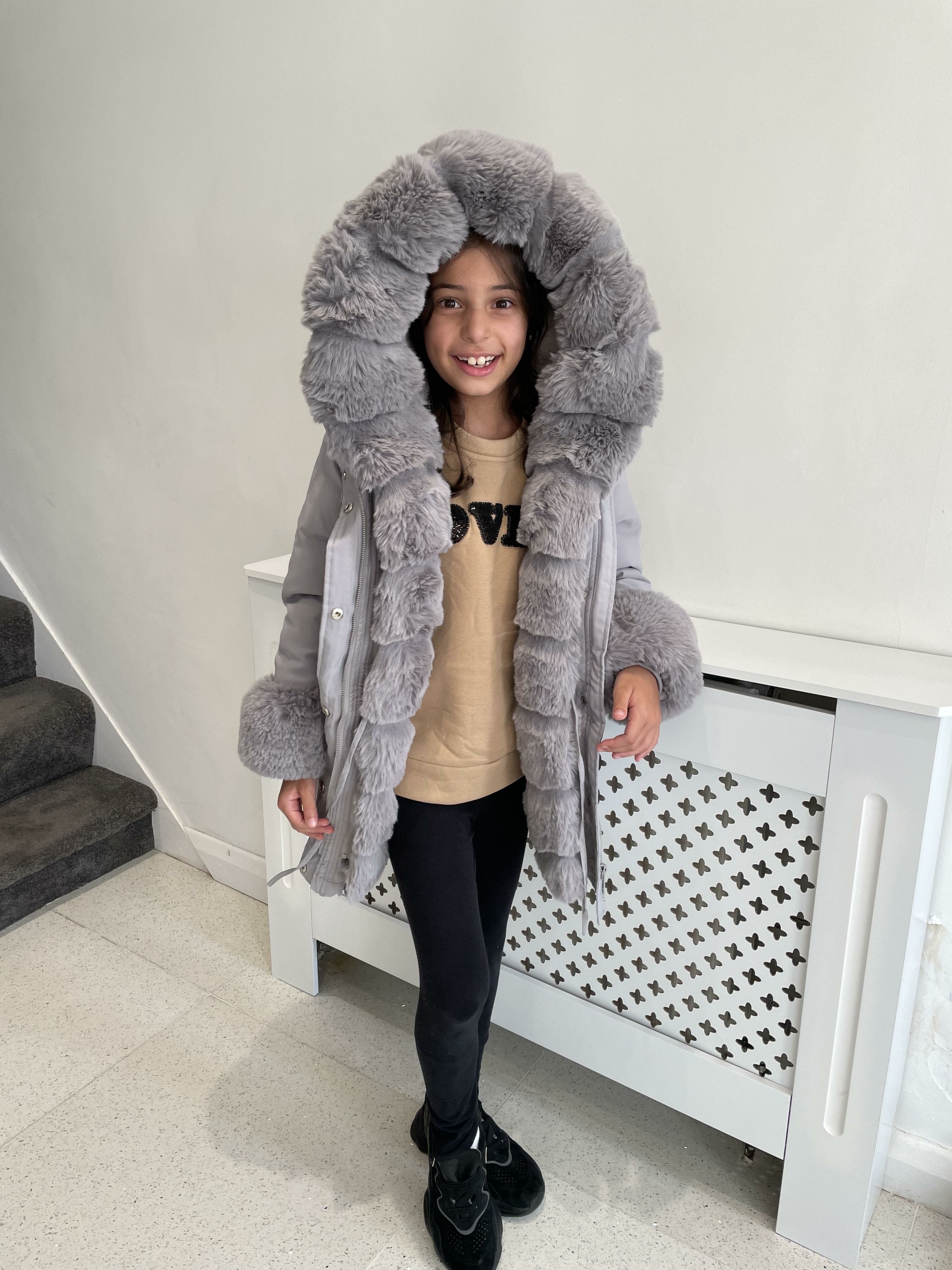 Jaya Grey KIDS Faux Fur Hooded Toggle Coat