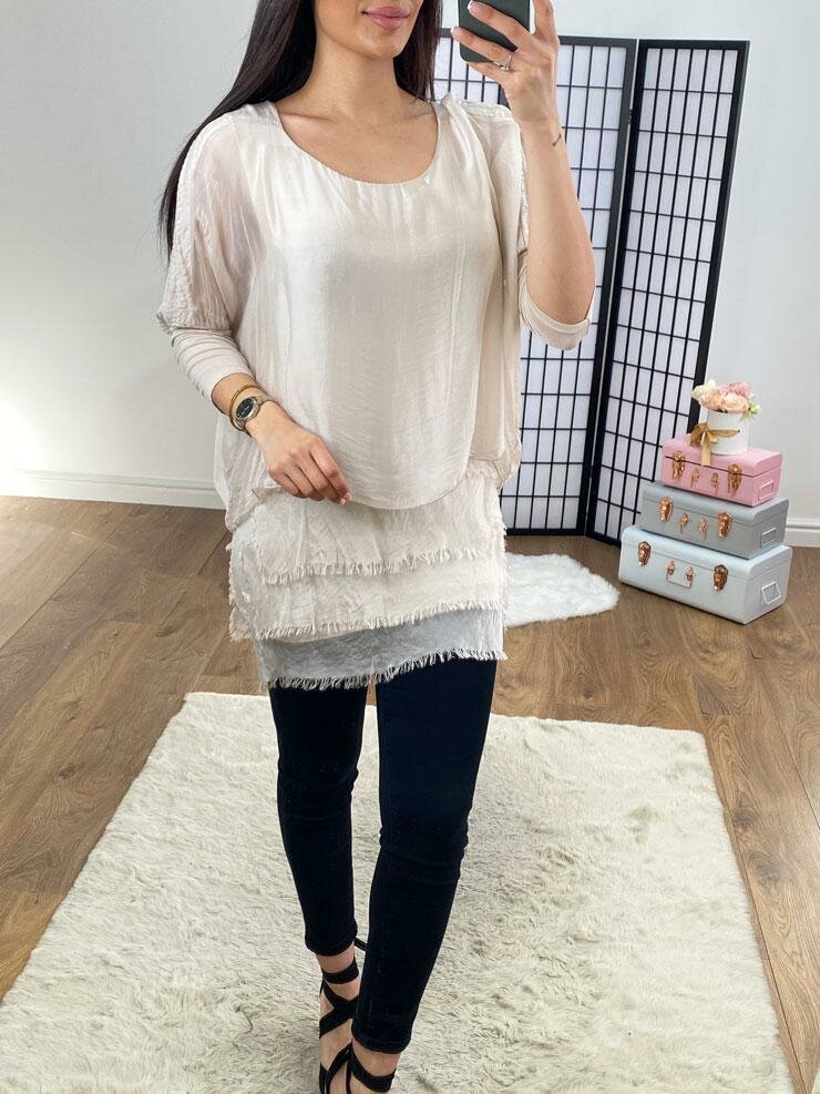 Jemma Sequin Panel Shoulder Asymmetric Tiered Hem Silk Blouse