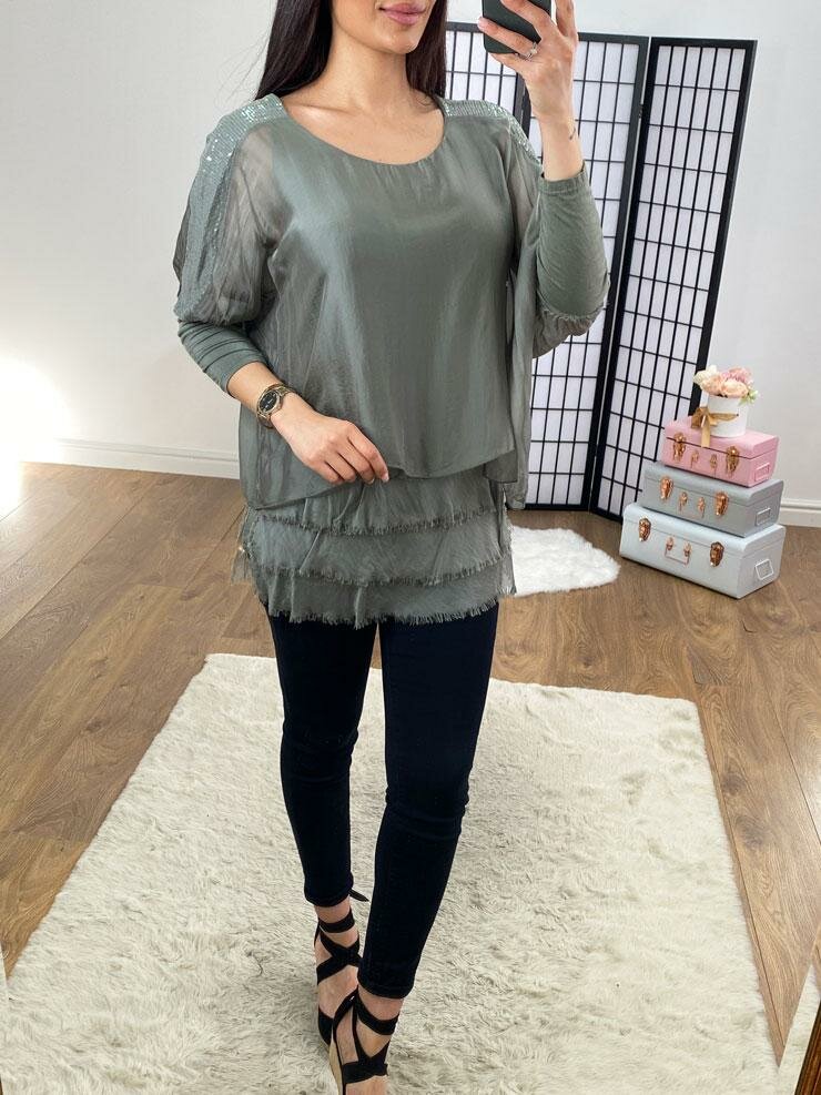 Jemma Sequin Panel Shoulder Asymmetric Tiered Hem Silk Blouse