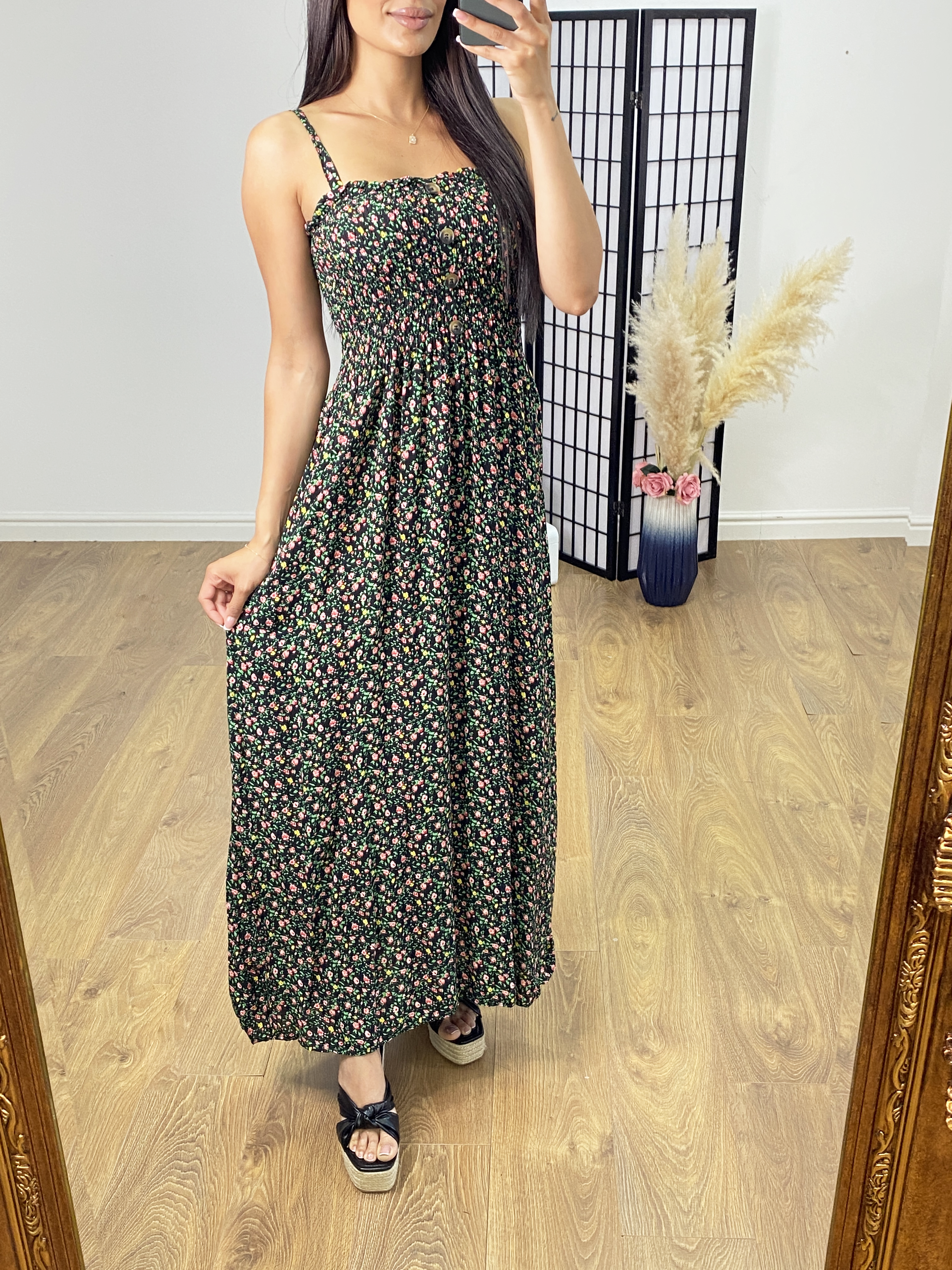 Jolie Elasticated Bust Button Detail Floral Print Dress