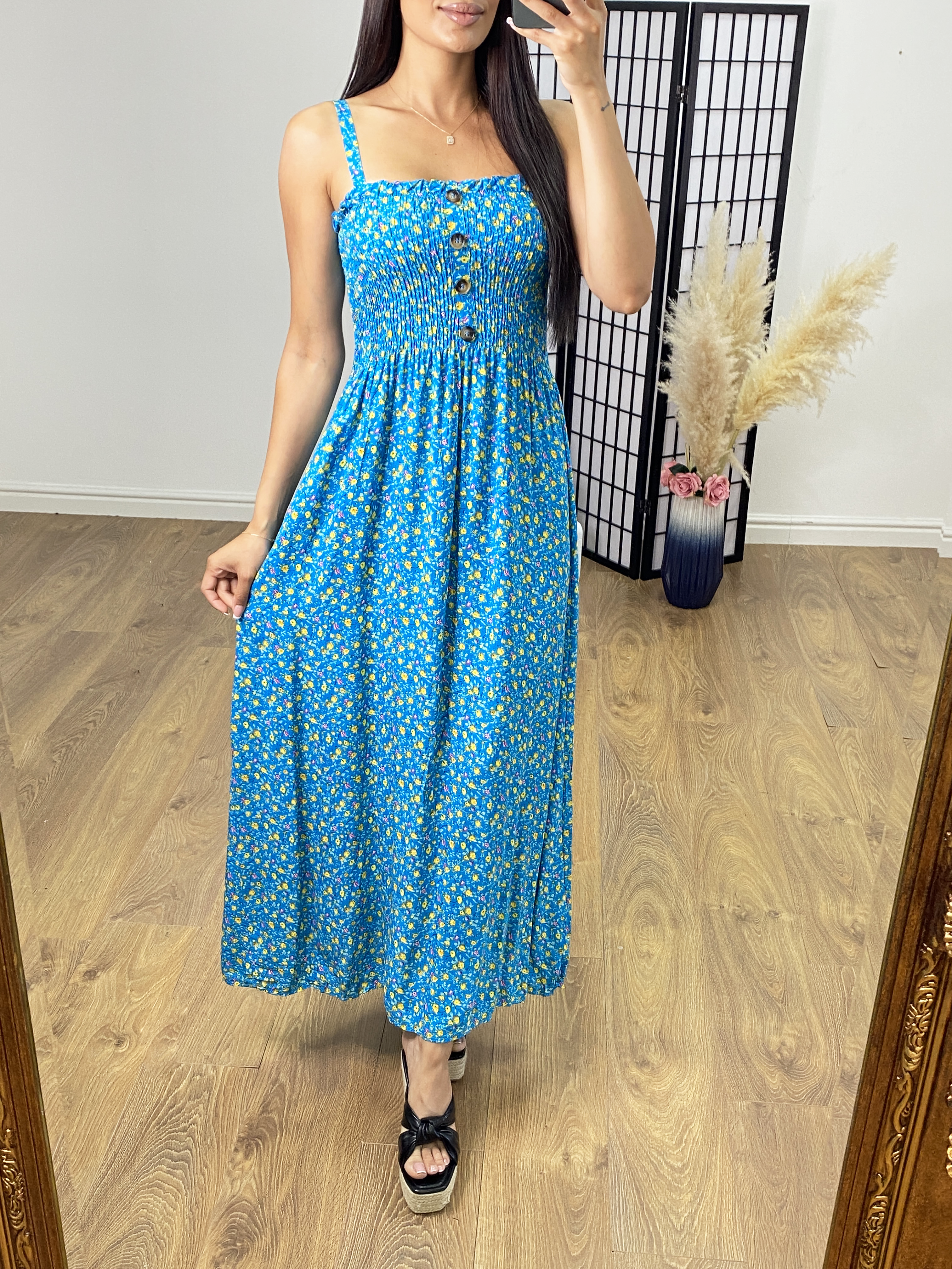 Jolie Elasticated Bust Button Detail Floral Print Dress