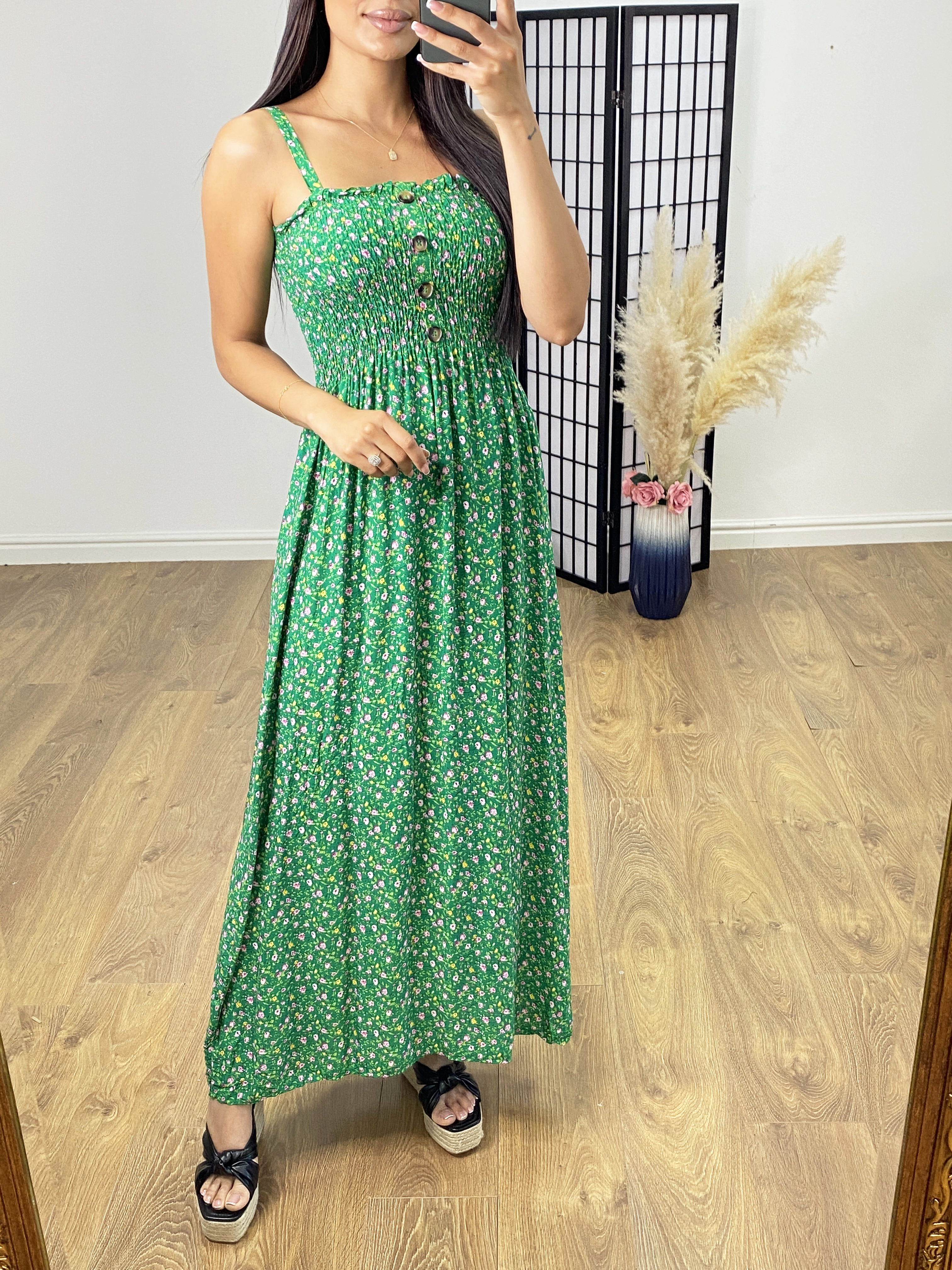 Jolie Elasticated Bust Button Detail Floral Print Dress