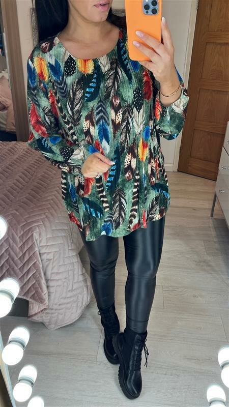 Kacey Feather Print Chiffon Pleated Front Blouse