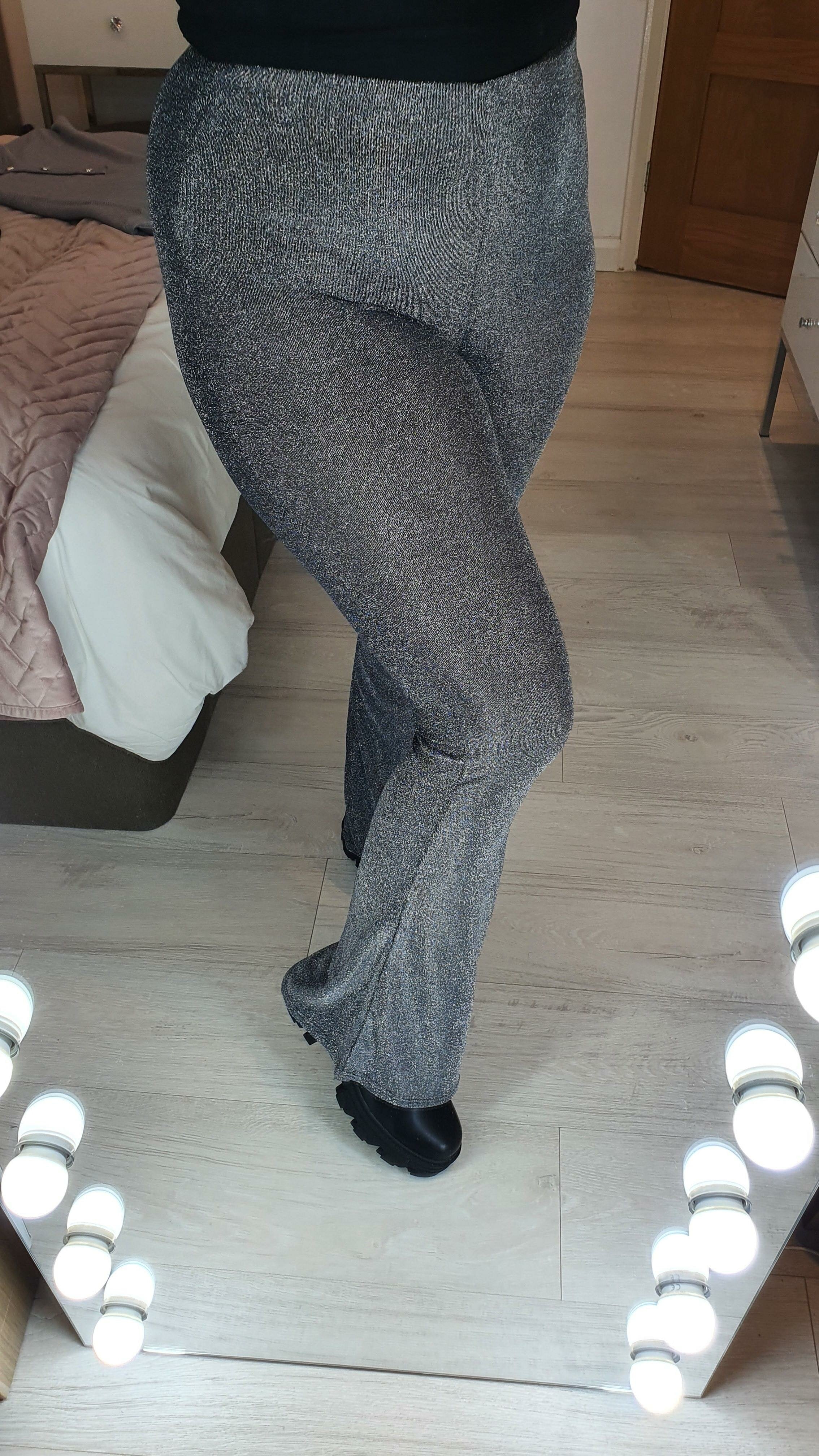 Korel Dark Grey Silver Shimmer Flared High Waist Trousers