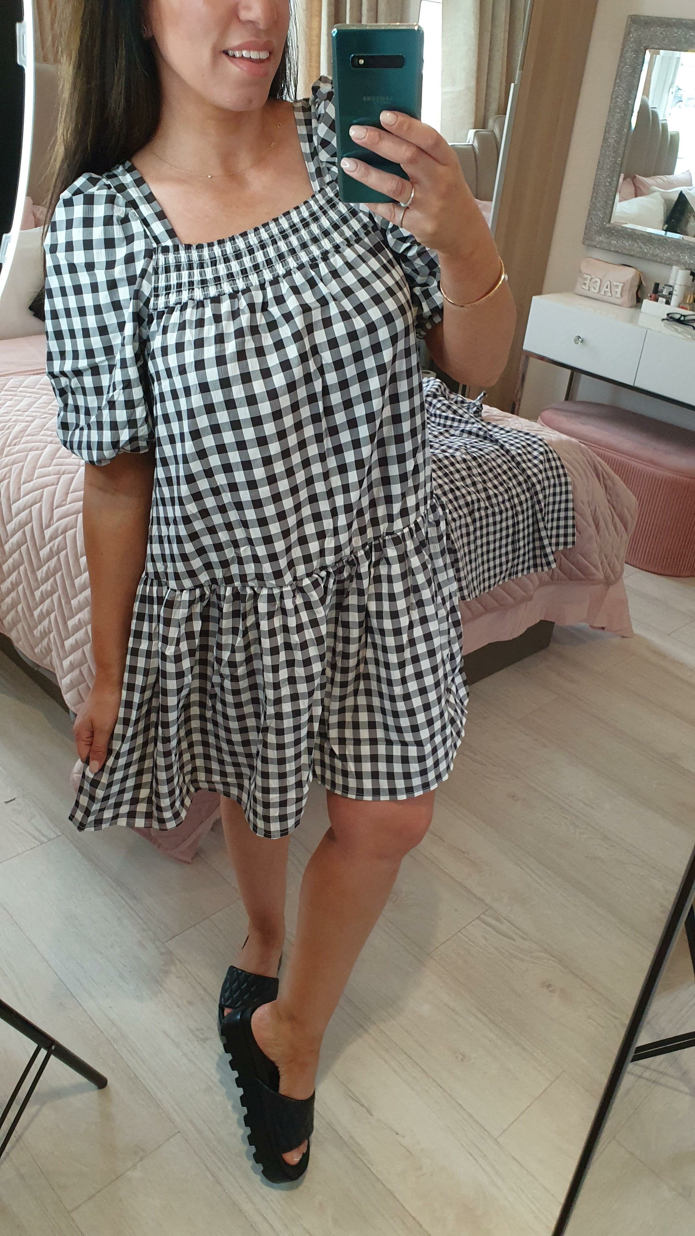 Kellis Checked Monochrome Elasticated Puff Sleeve Dress
