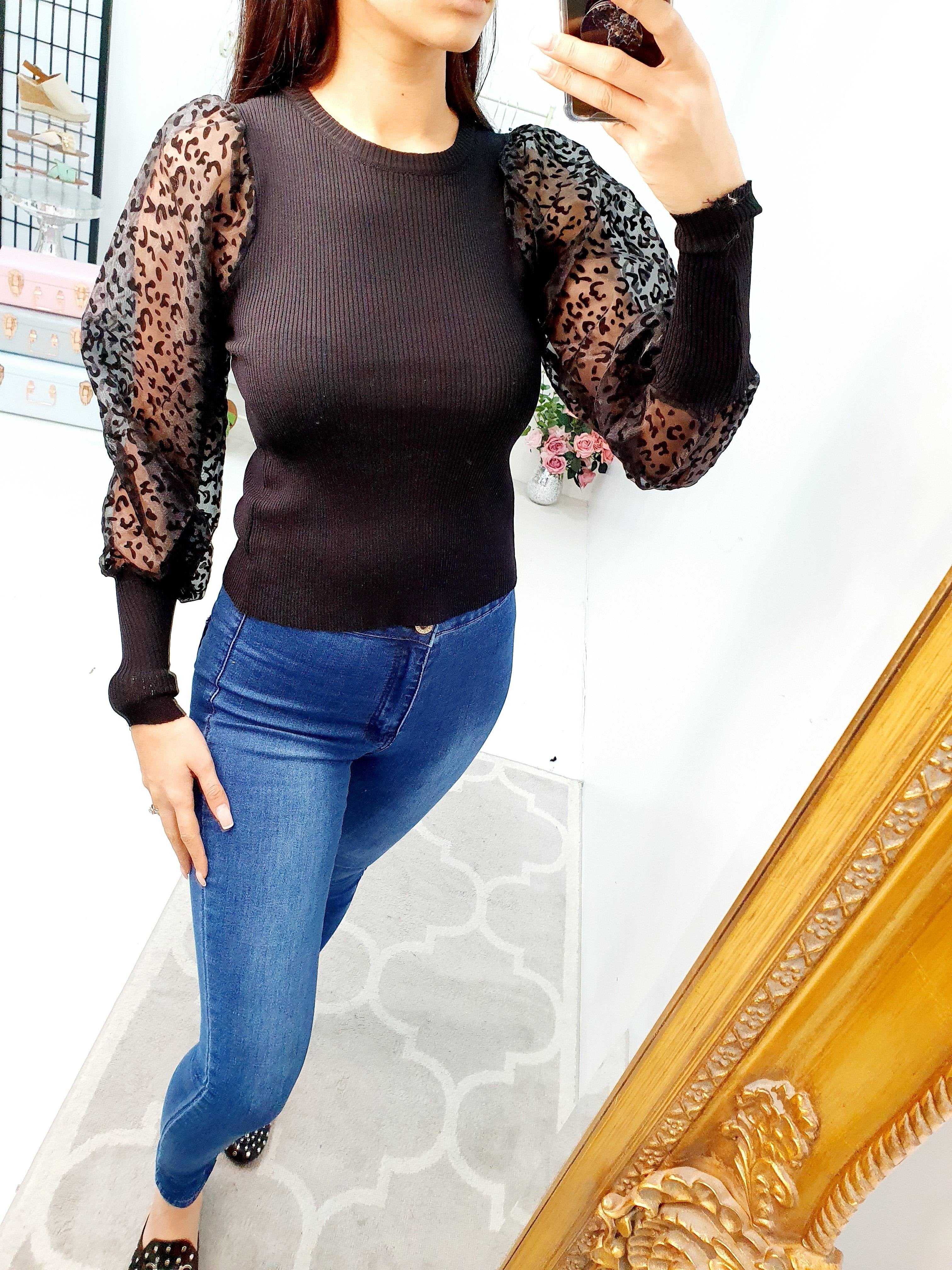 Kris Leopard Print Puff Sleeve Ribbed Knit Jumper