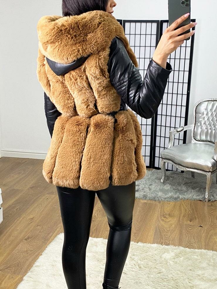 Lawton Tan Faux Fur Panelled Faux Leather Biker Jacket